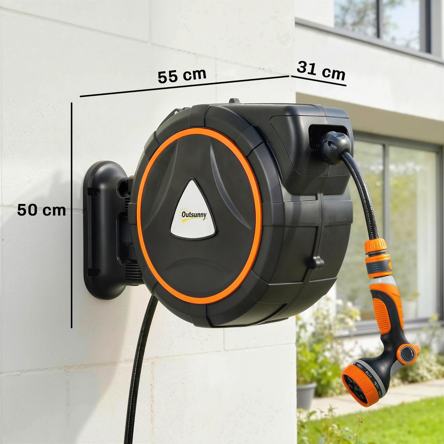 Outsunny Retractable Hose Reel Wall Mounted With Auto Retraction Self Locking Slow Return 12 Pattern Nozzles 23m Hose