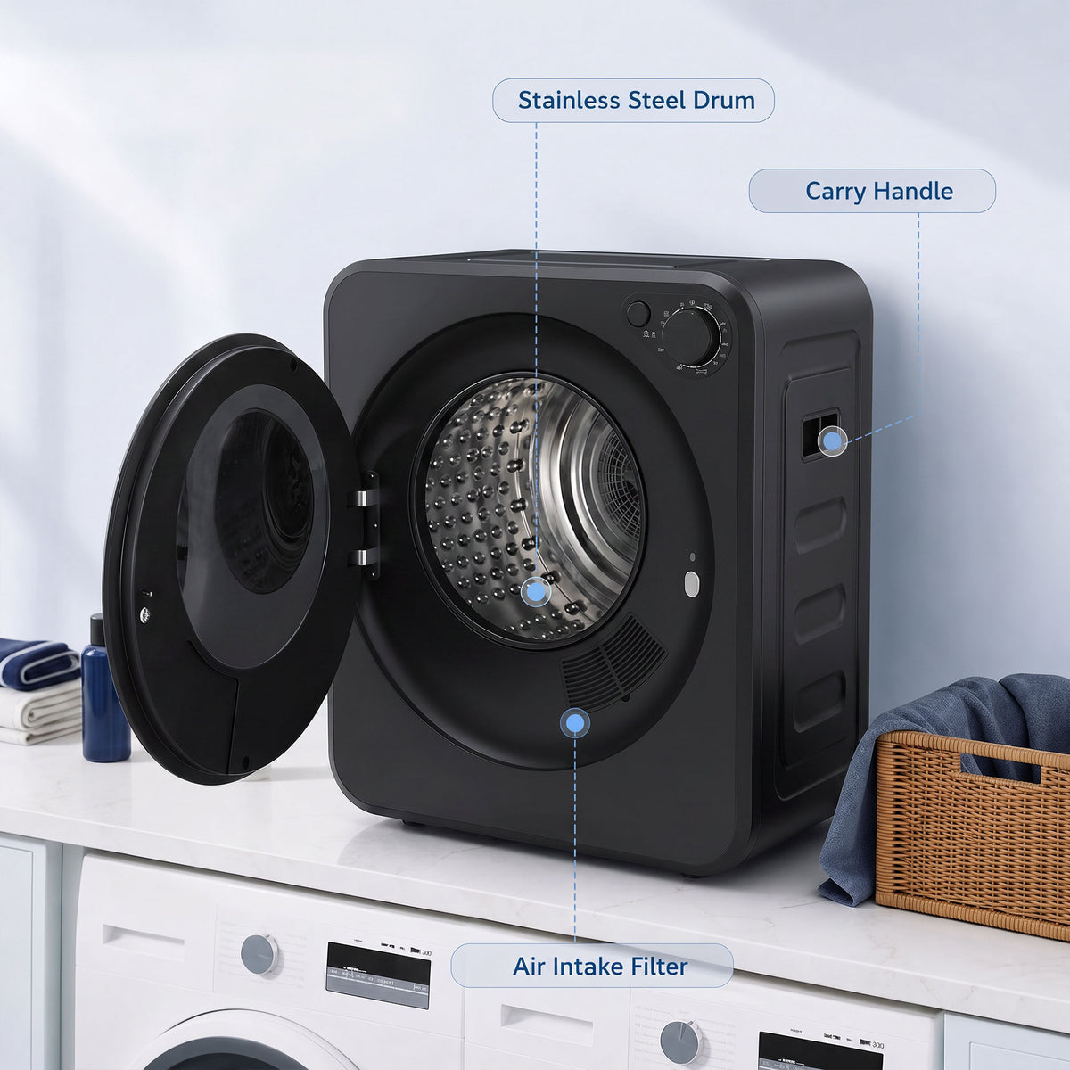 Homcom 4kg Compact Front Load Clothes Dryer With Two Power Modes Black