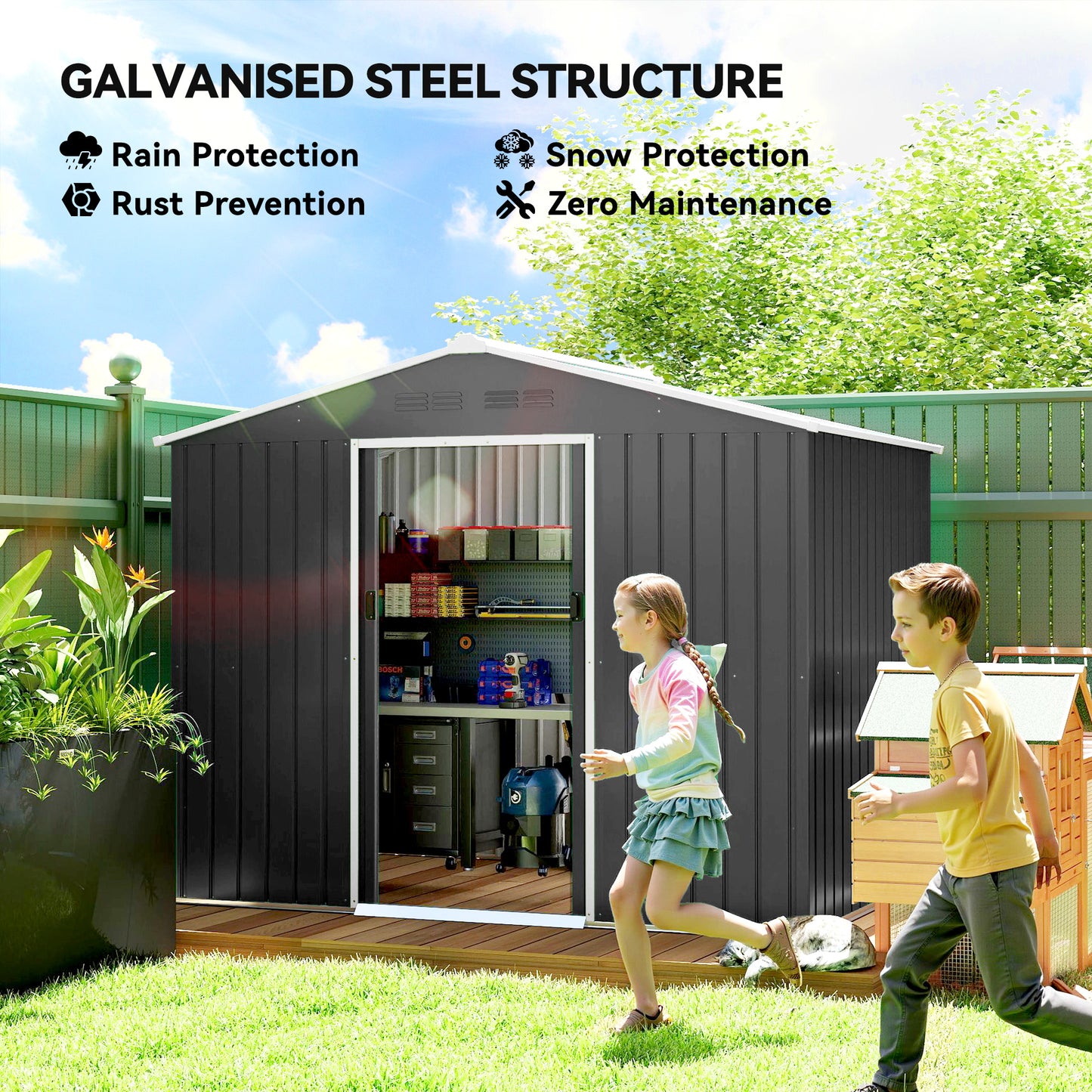 Outsunny 8x6ft Galvanised Steel Shed With Double Door Dark Grey For Garden Tools And Equipment