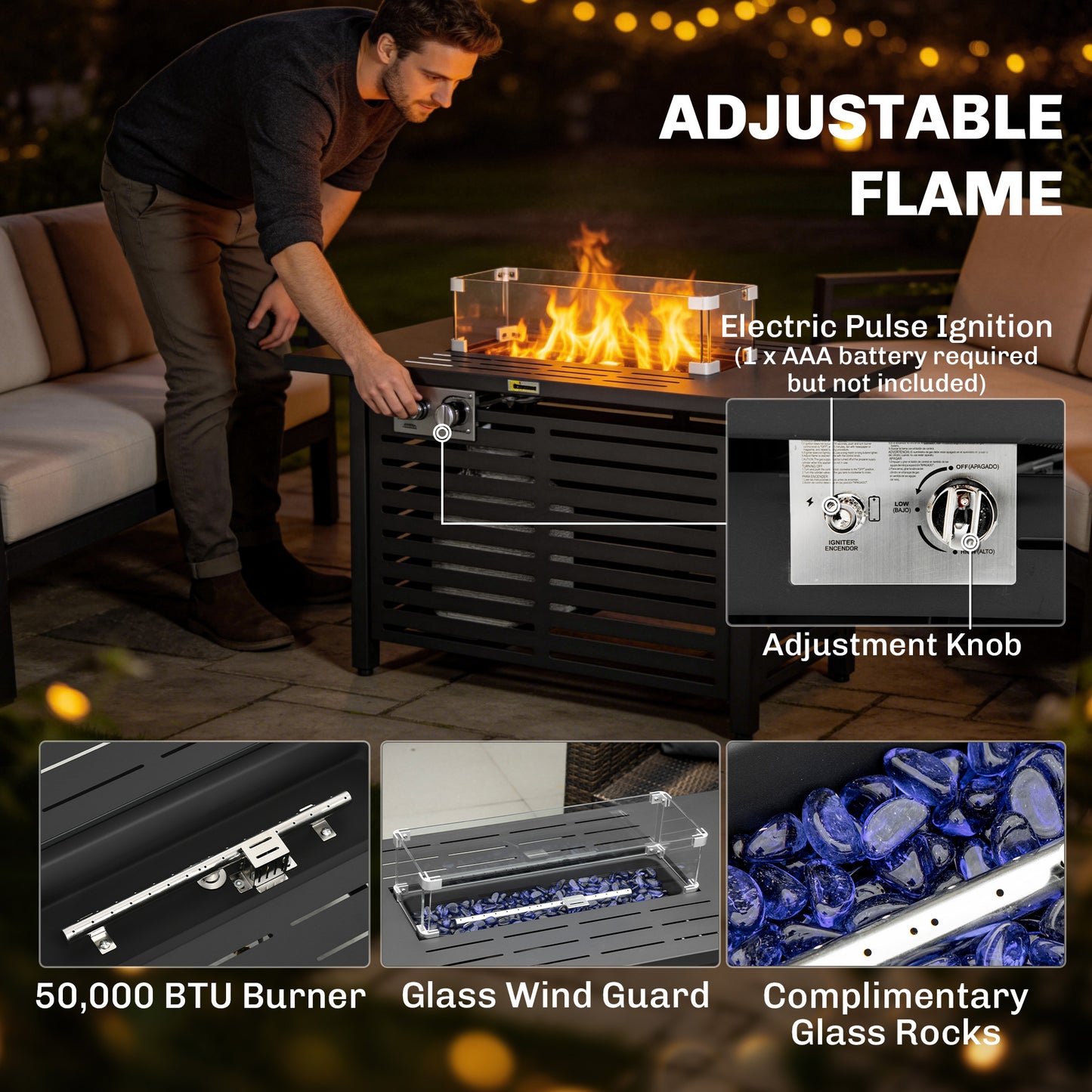 Outsunny 50,000 BTU Propane Gas Fire Pit Table With 43 Inch Steel Tabletop, Pulse Ignition