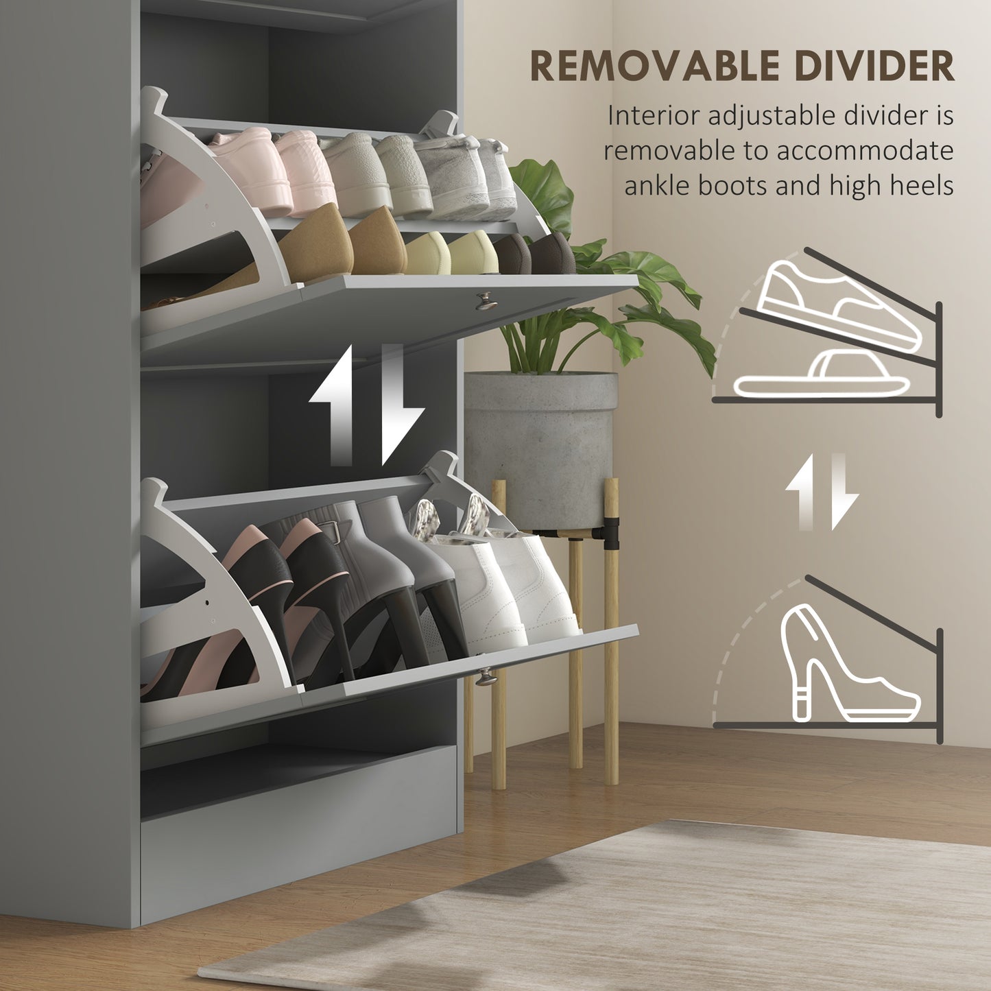 HOMCOM Modern Compact Three Drawer Shoe Storage Cabinet in Grey with Adjustable Shelves Holds 12 to 18 Pairs
