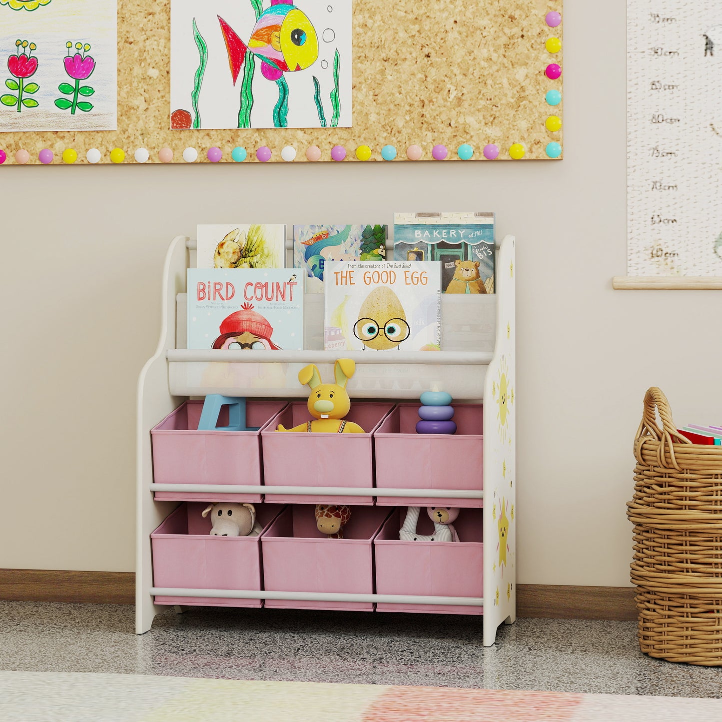 AIYAPLAY Kids Storage Unit Toy Organizer With Six Fabric Drawers And Two Tier Sling Book Rack Pink