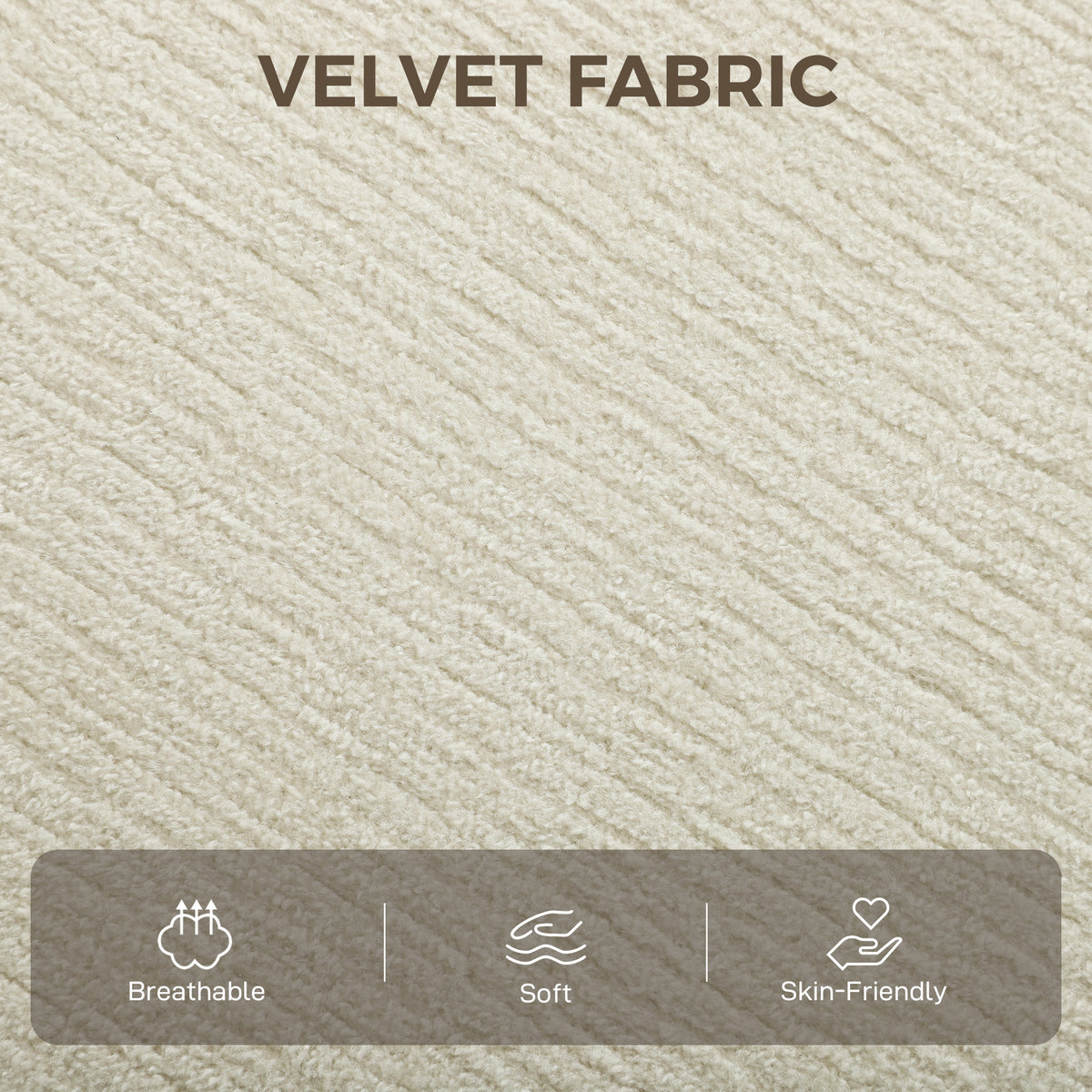 Light beige velvet fabric texture close-up with comfort icons overlay