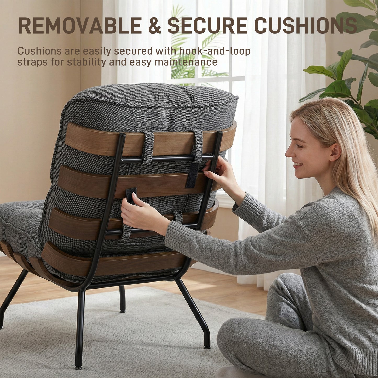HOMCOM Accent Chair Linen Look Fabric Reading Chair With Pocket Spring Cushions Slatted Support Steel Frame Dark Grey