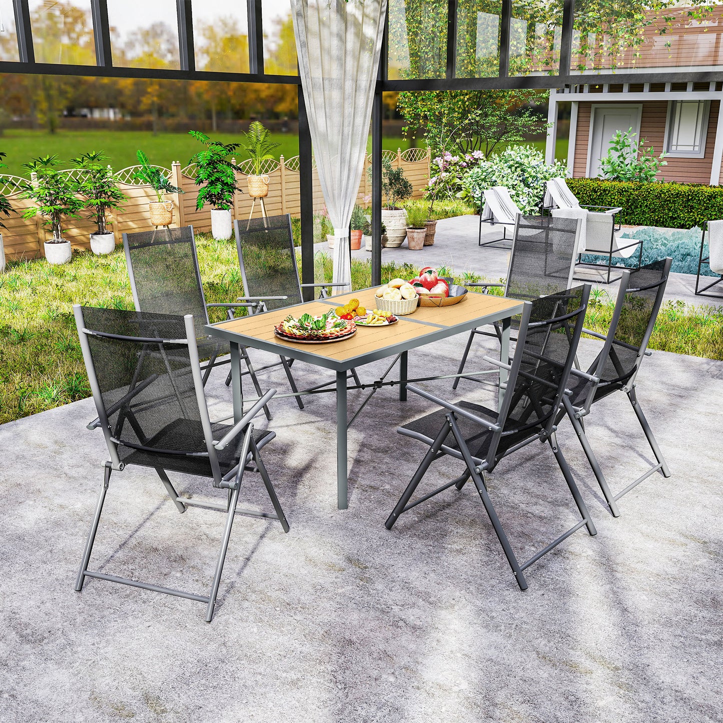 Outsunny 6 Seater Outdoor Dining Table 150 cm With Wood Effect Top Umbrella Hole Rust Resistant Frame Wood Finish
