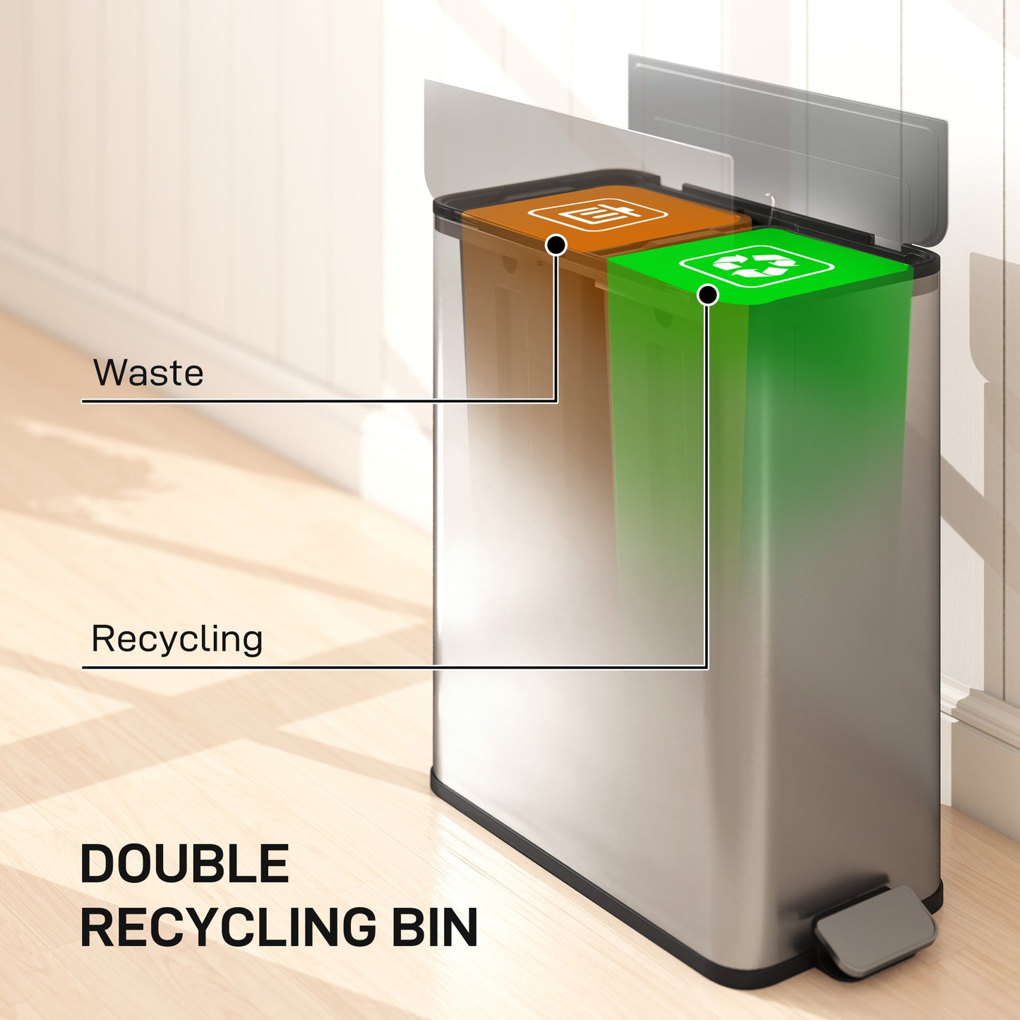 HOMCOM Dual Kitchen Bin With Soft Close Butterfly Lid 2 x 28L Stainless Steel Pedal Bins Fingerprint Proof Silver Tone