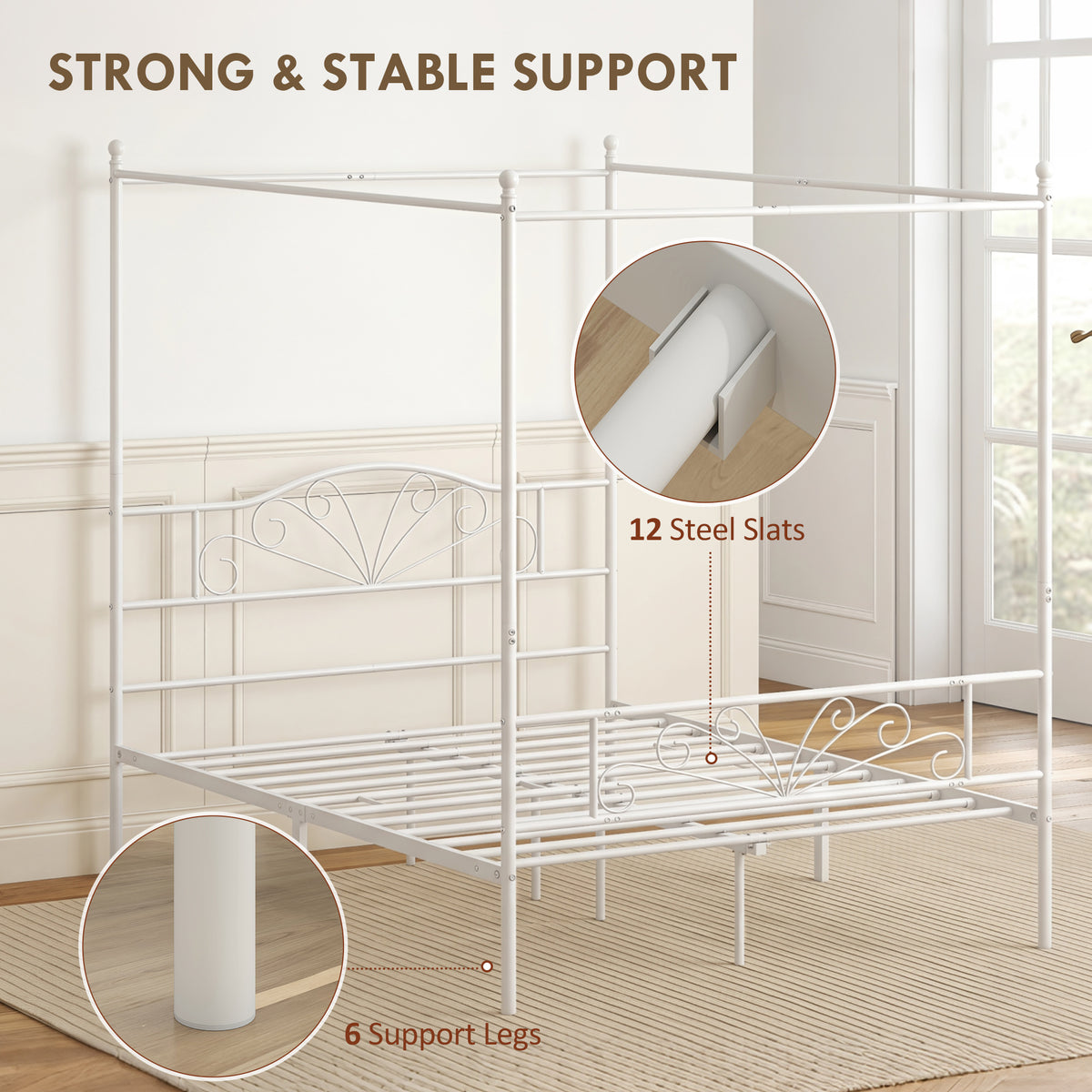 Homcom King Canopy Bed Frame Metal Platform White Steel Headboard Storage