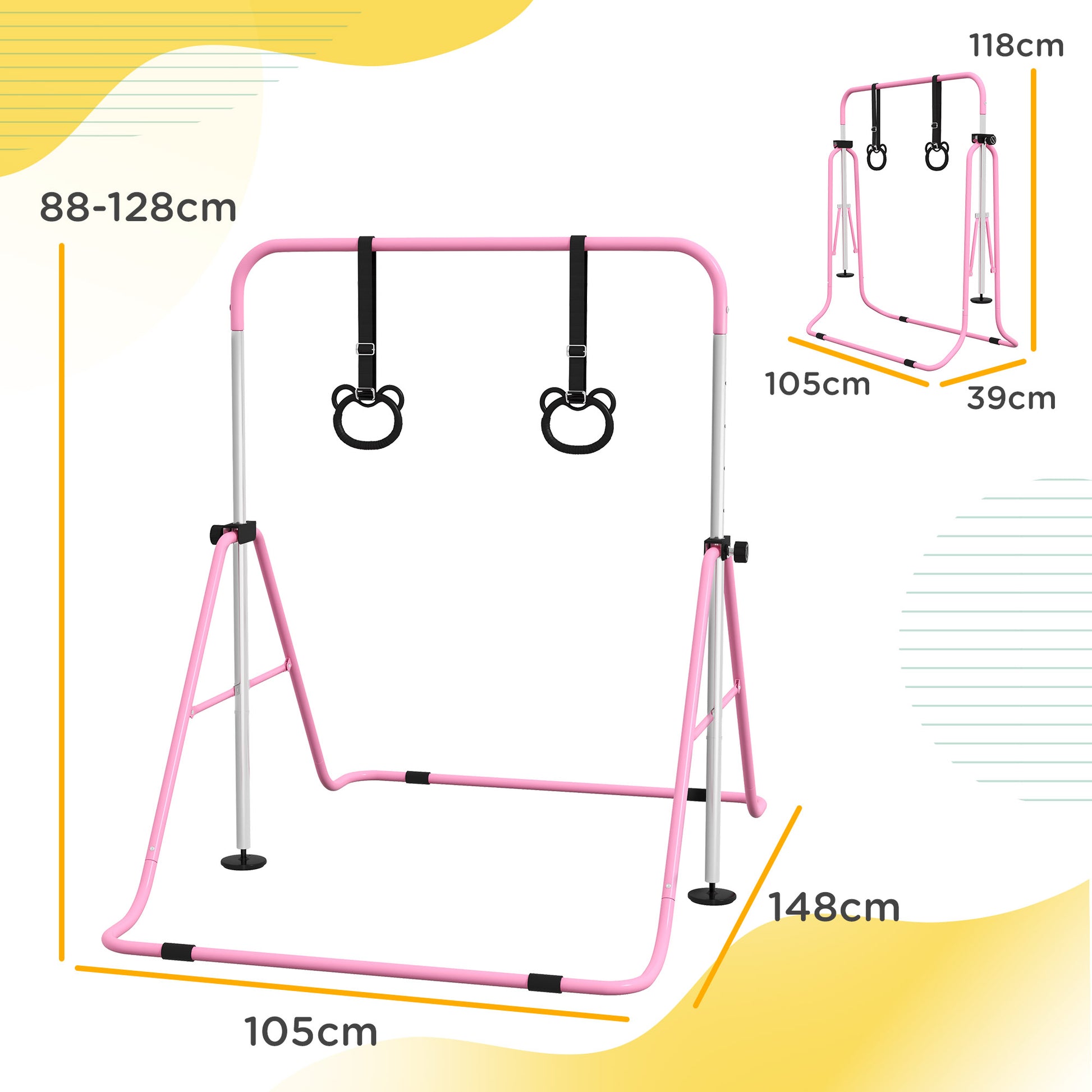 ZONEKIZ Foldable Adjustable Height Kids Gymnastics Bar with Non-Slip Mats - Pink, Ideal for Ages 3+ - ALL4U RETAILER LTD