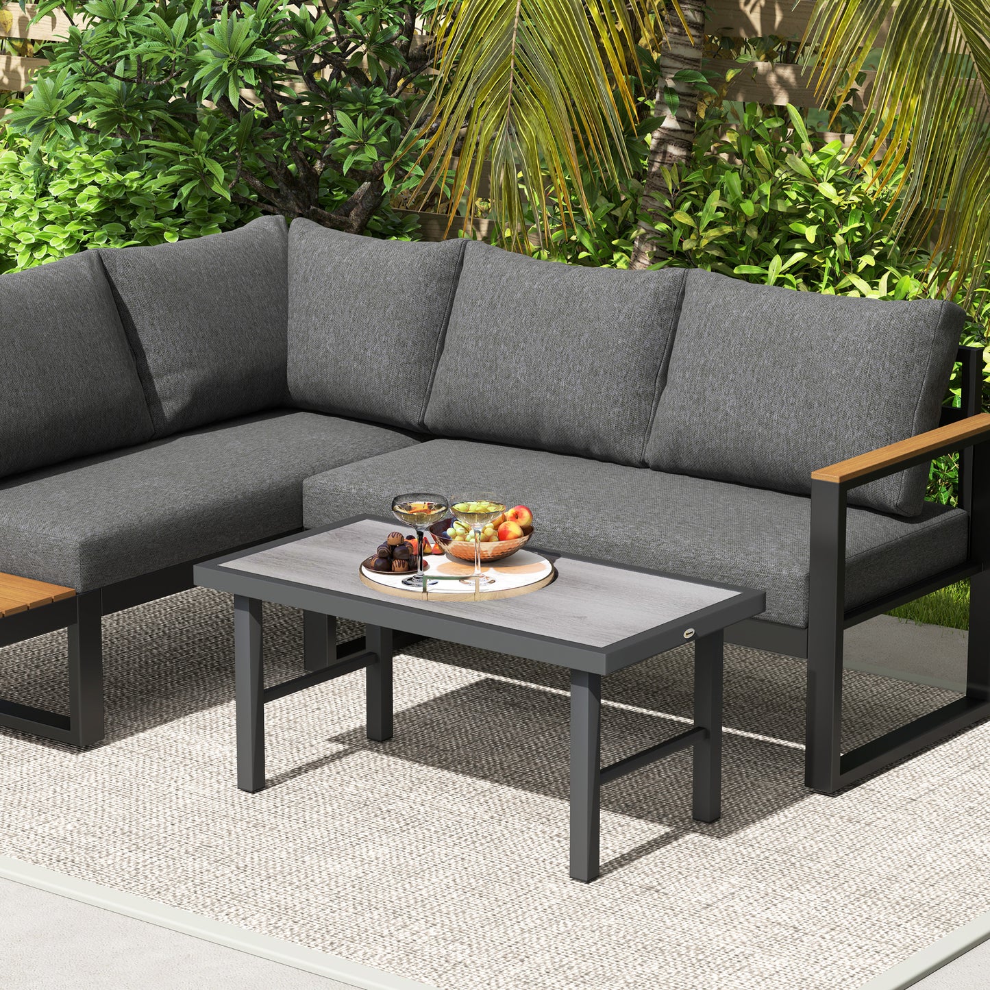 Outsunny Metal Garden Coffee Table With SPC Woodgrain Tabletop For Outdoor Garden Balcony Porch 100 X 53 X 46 cm Grey