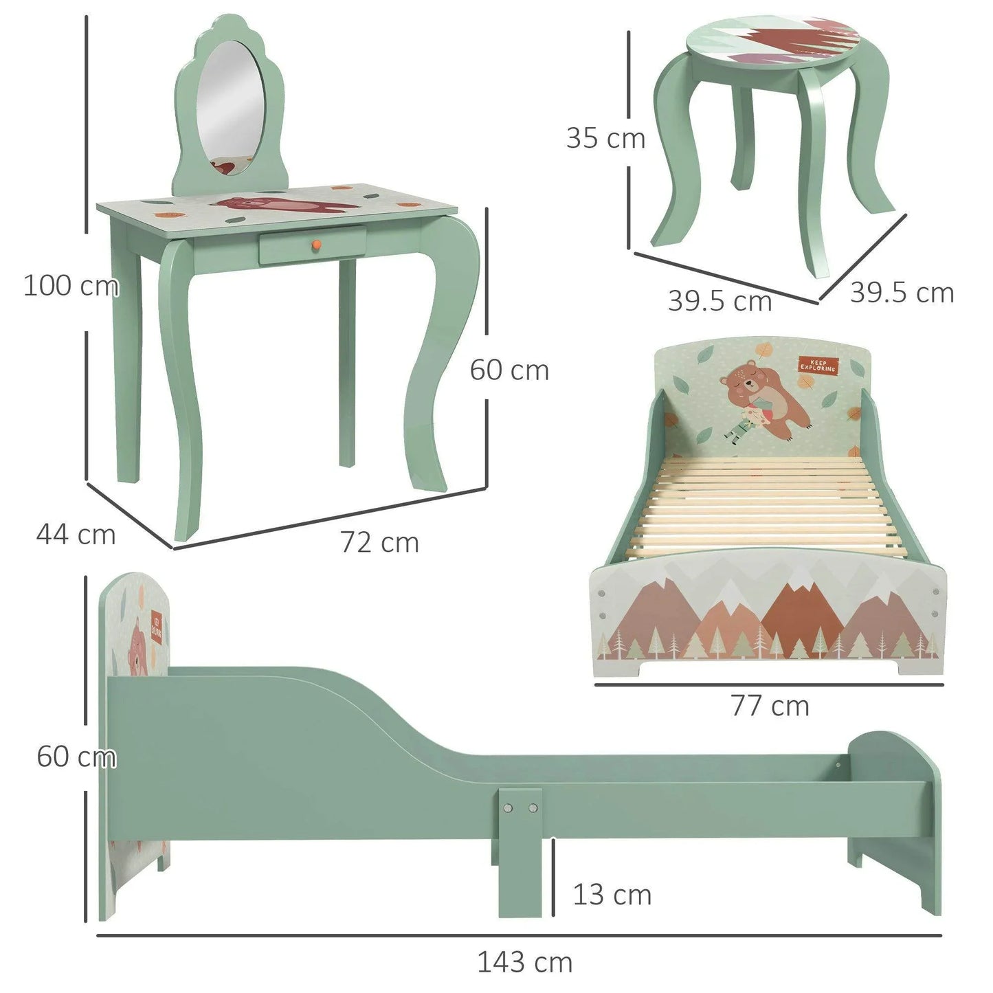 ZONEKIZ Green Animal Design Toddler Bed Frame and Dressing Table Set - ALL4U RETAILER LTD