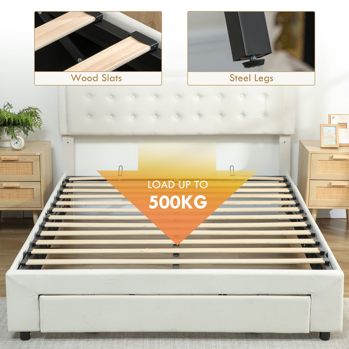 HOMCOM King Size Ottoman Bed Frame With Front Drawer And Gas Lift Storage In Cream