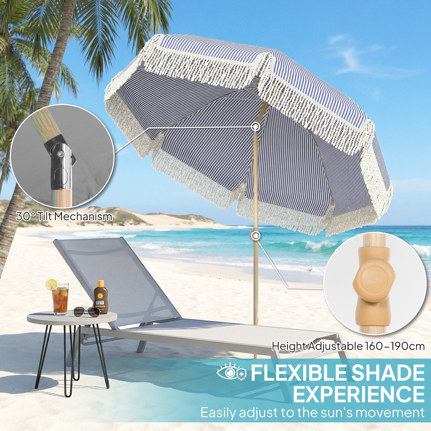 Outsunny 1.7m Beach Umbrella With Sand Anchor And 30 Degree Tilting Adjustable Height Fringed Parasol In Blue