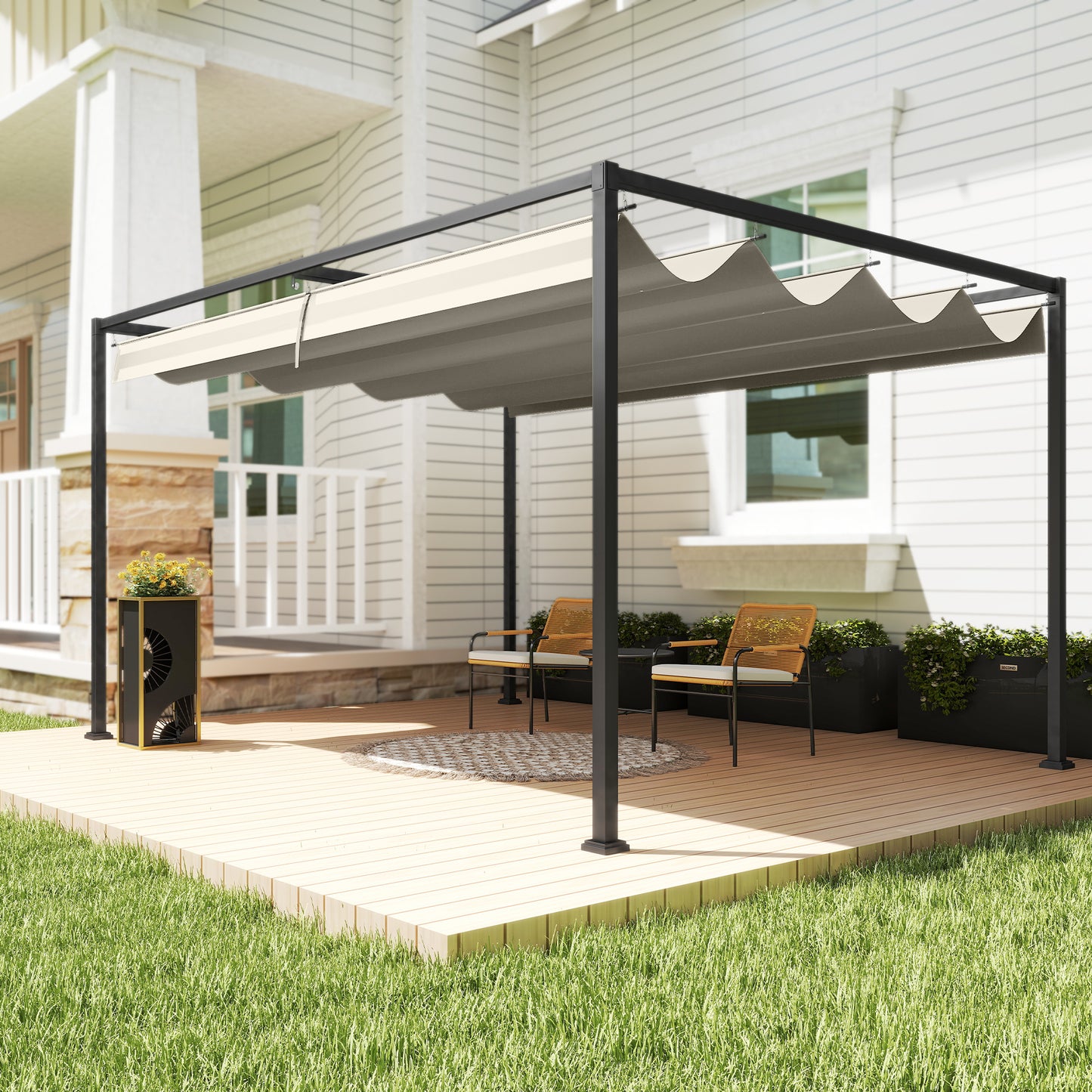Outsunny 3x2m Metal Pergola With Retractable Roof Garden Gazebo Canopy Shelter For Outdoor Patio Cream White