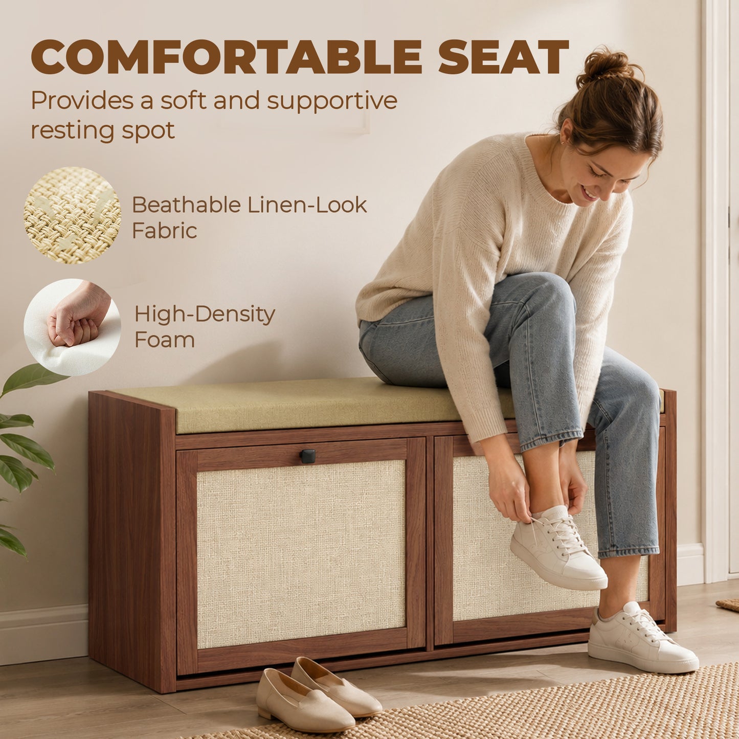 HOMCOM Rattan Shoe Bench With Padded Cushion And Hidden Storage Cabinets For Hallway Brown