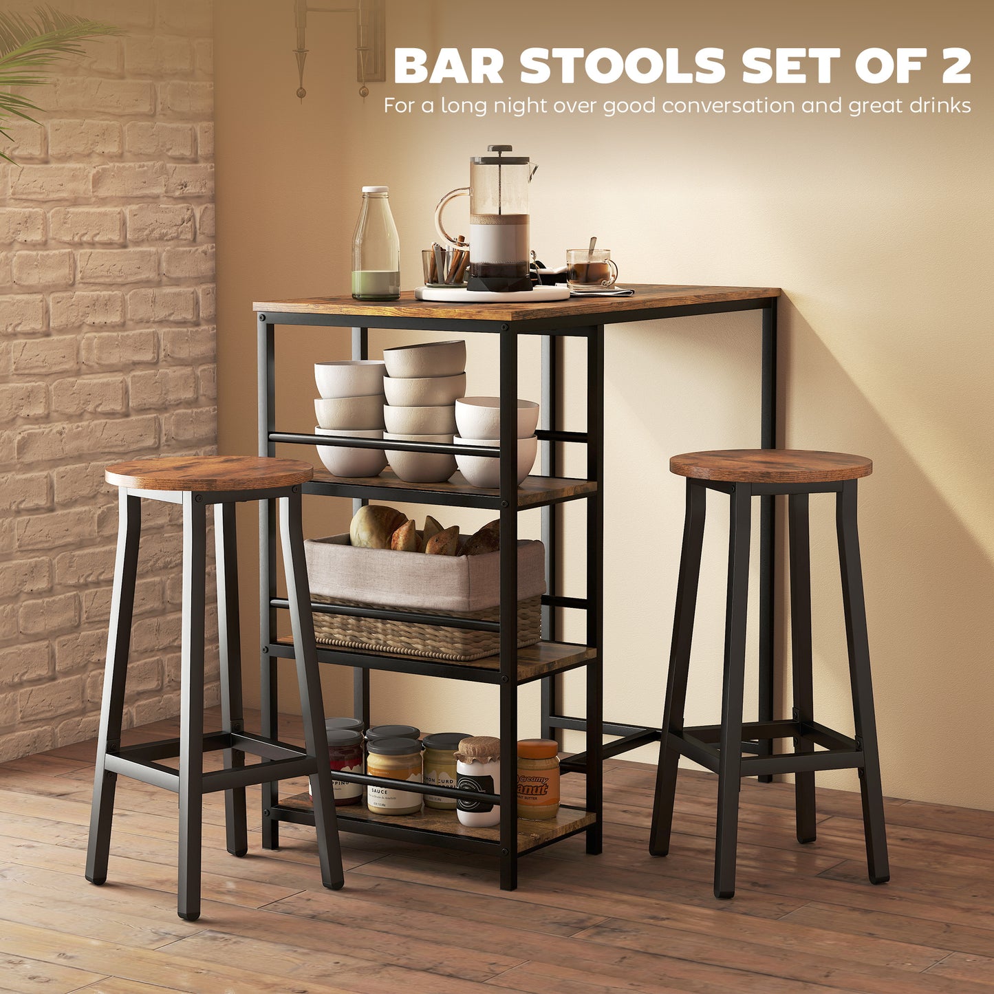 HOMCOM Breakfast Bar Stools Set of 2 with Footrest Industrial Round Rustic Brown 32 x 32 x 65 cm