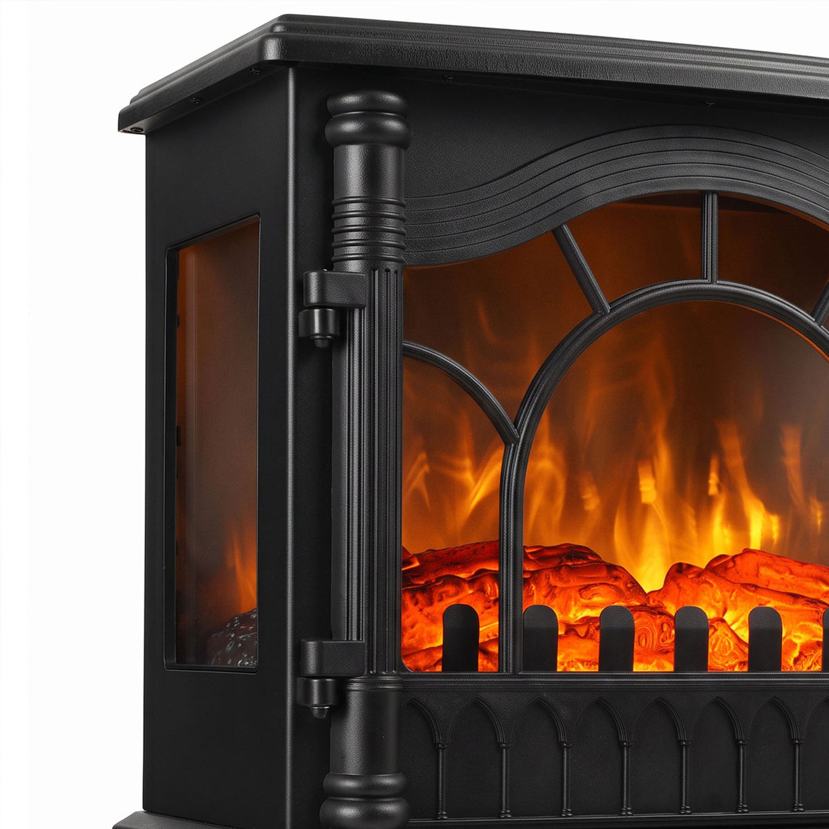 Close-up of black 3-sided glass electric fireplace stove with flame effect inside