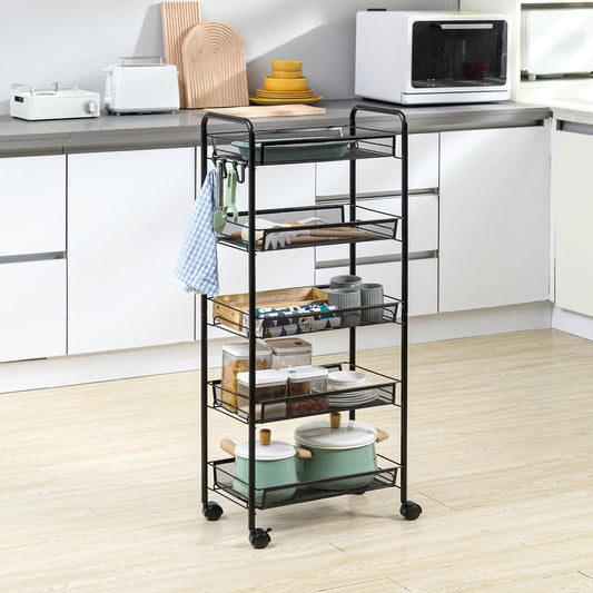 HOMCOM 5-Tier Versatile Rolling Storage Cart with Removable Baskets - Ideal for Kitchen, Living Room, Laundry, and More, Black - ALL4U RETAILER LTD