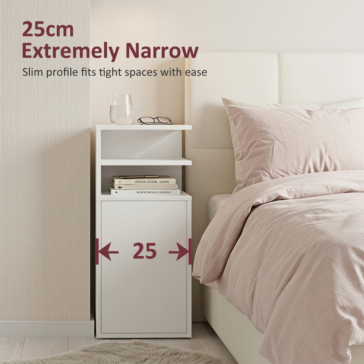 HOMCOM Slim Bedside Table Set Of 2 Narrow Nightstands With Open Cubbies And Cupboard In White For Bedroom