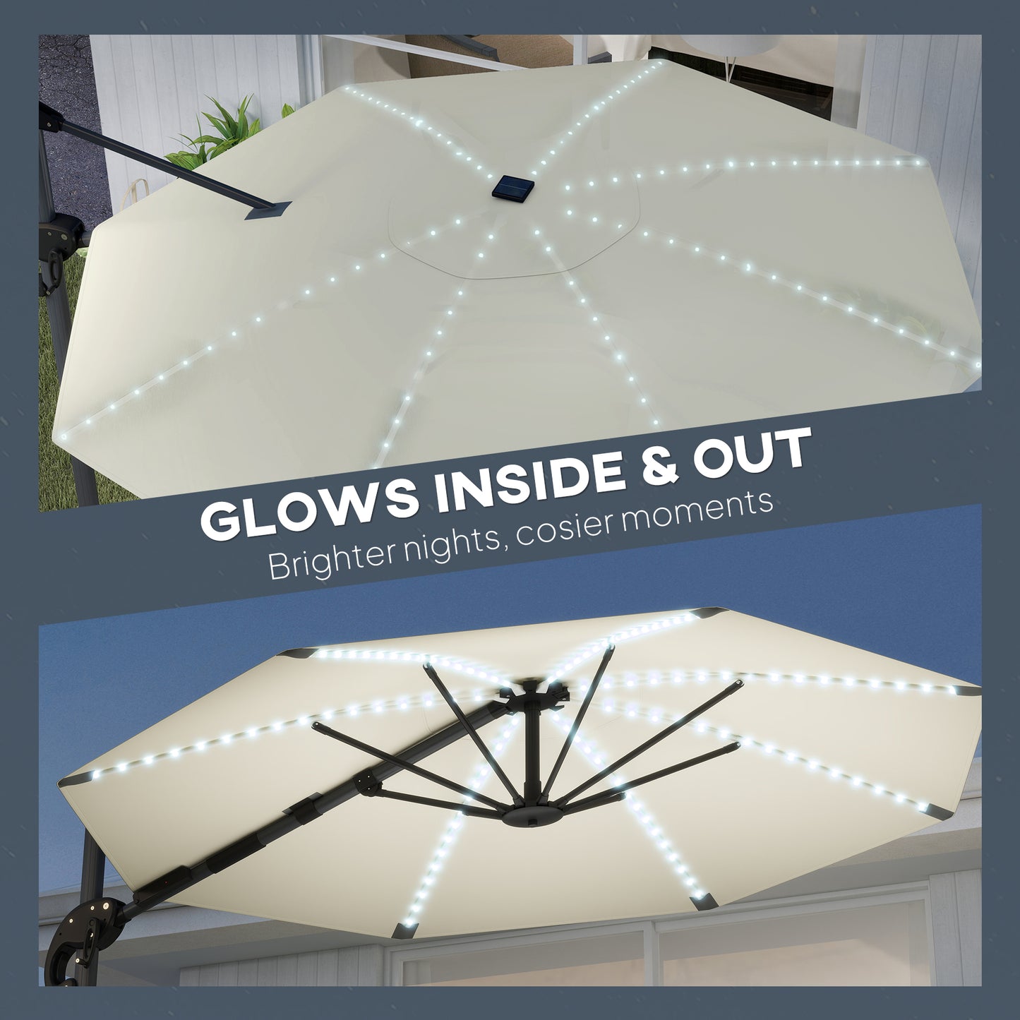 Outsunny 3m Cantilever Parasol With 360 Degree Rotation Solar Powered Lights Crank Handle Cross Base UPF 50 Cream