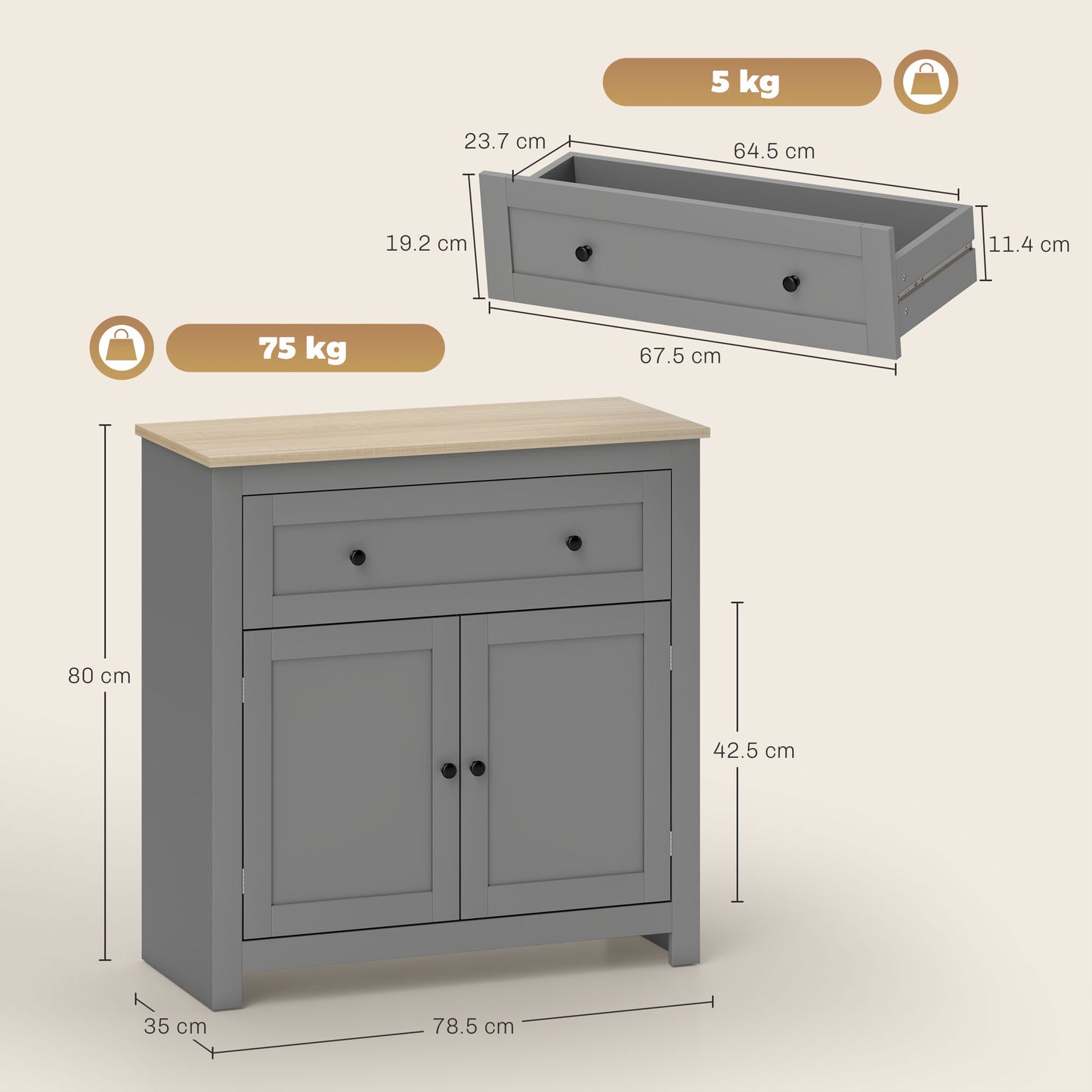 HOMCOM Sideboard Storage Cabinet With Adjustable Shelf Drawer And Double Doors Grey For Living Room Dining Room Hallway