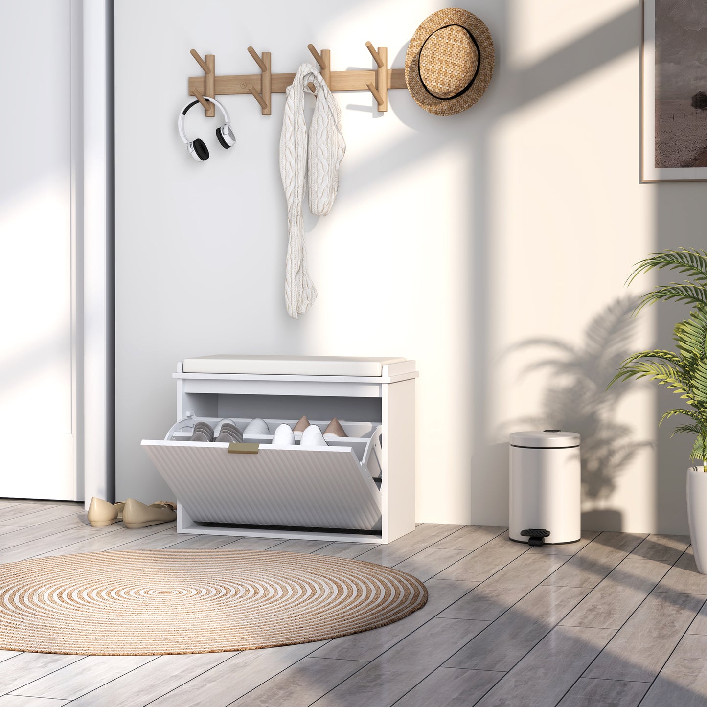 HOMCOM Elegant Six Shoe Bench With Top Seat And 120 Kg Weight Capacity Front Flip Drawer In White