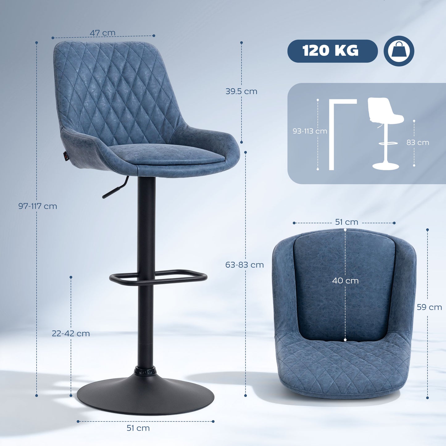 HOMCOM Set of Two Faux Leather Retro Bar Stools With Adjustable Height 63 to 83 Cm Metal Base Dark Blue