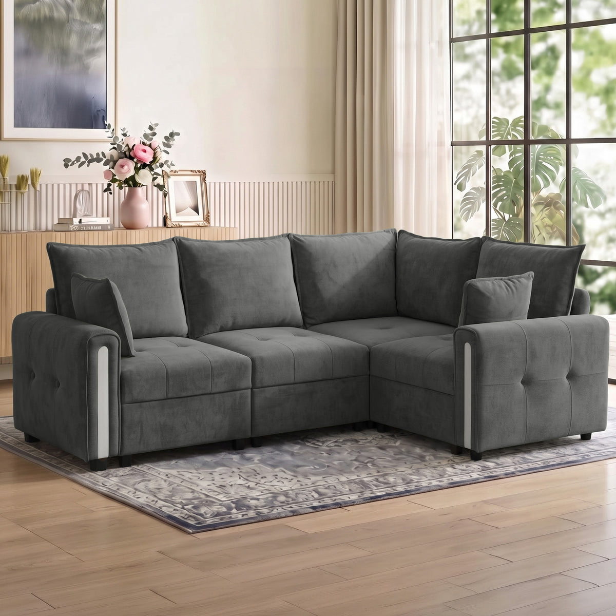 Dark grey L-shaped corner sectional sofa with tufted seat and thick back cushions