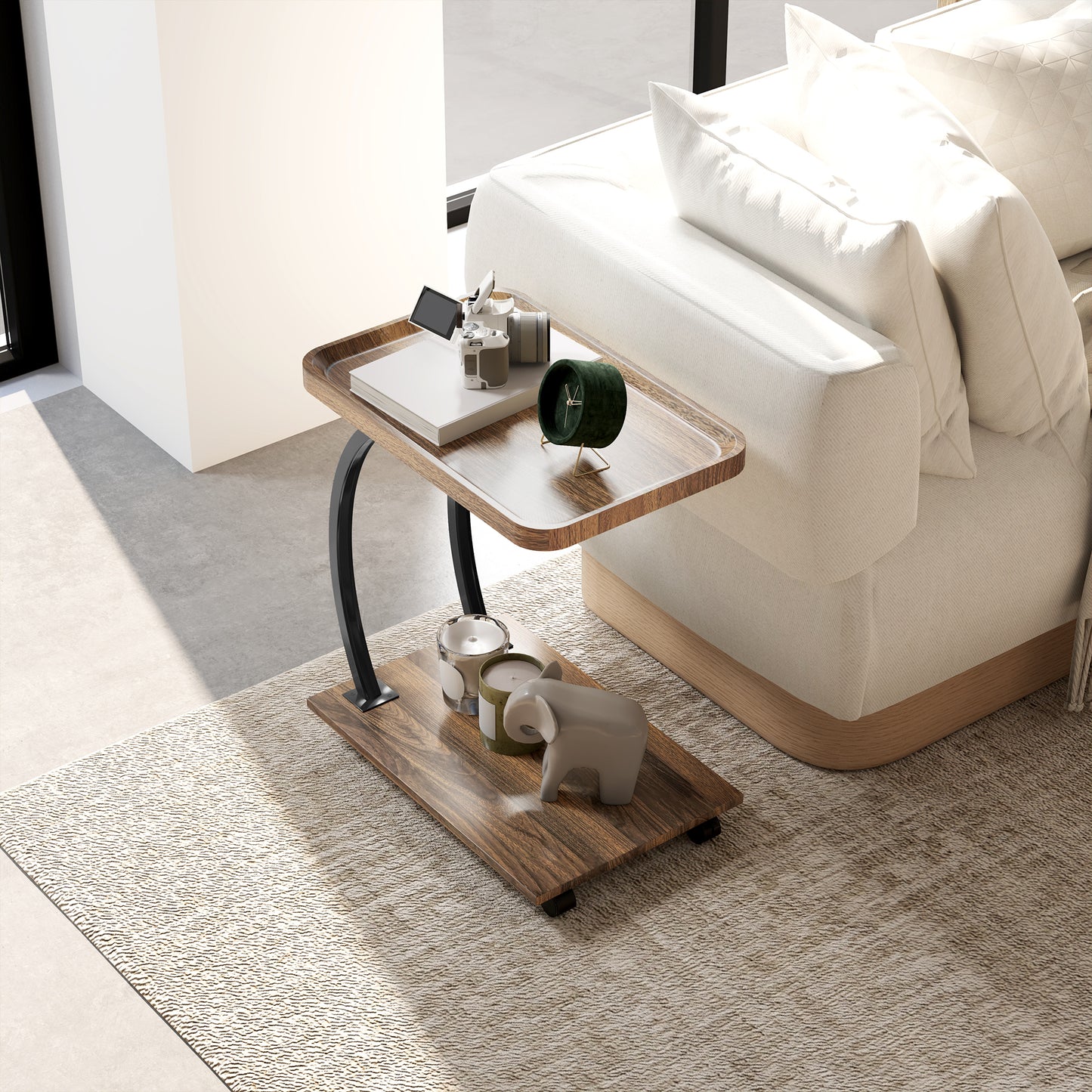 HOMCOM 2 Tier Mobile C Shaped Side Table Brown With Tray Top And Two Tier Storage