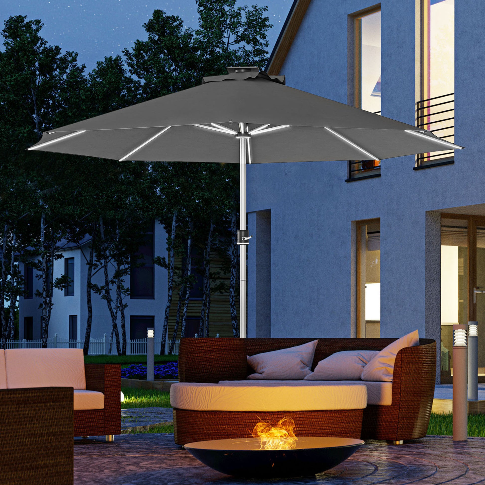 Outsunny Lighted Solar Patio Umbrella with 4 Modes, Waterproof Design & USB Charging - Charcoal Grey - ALL4U RETAILER LTD