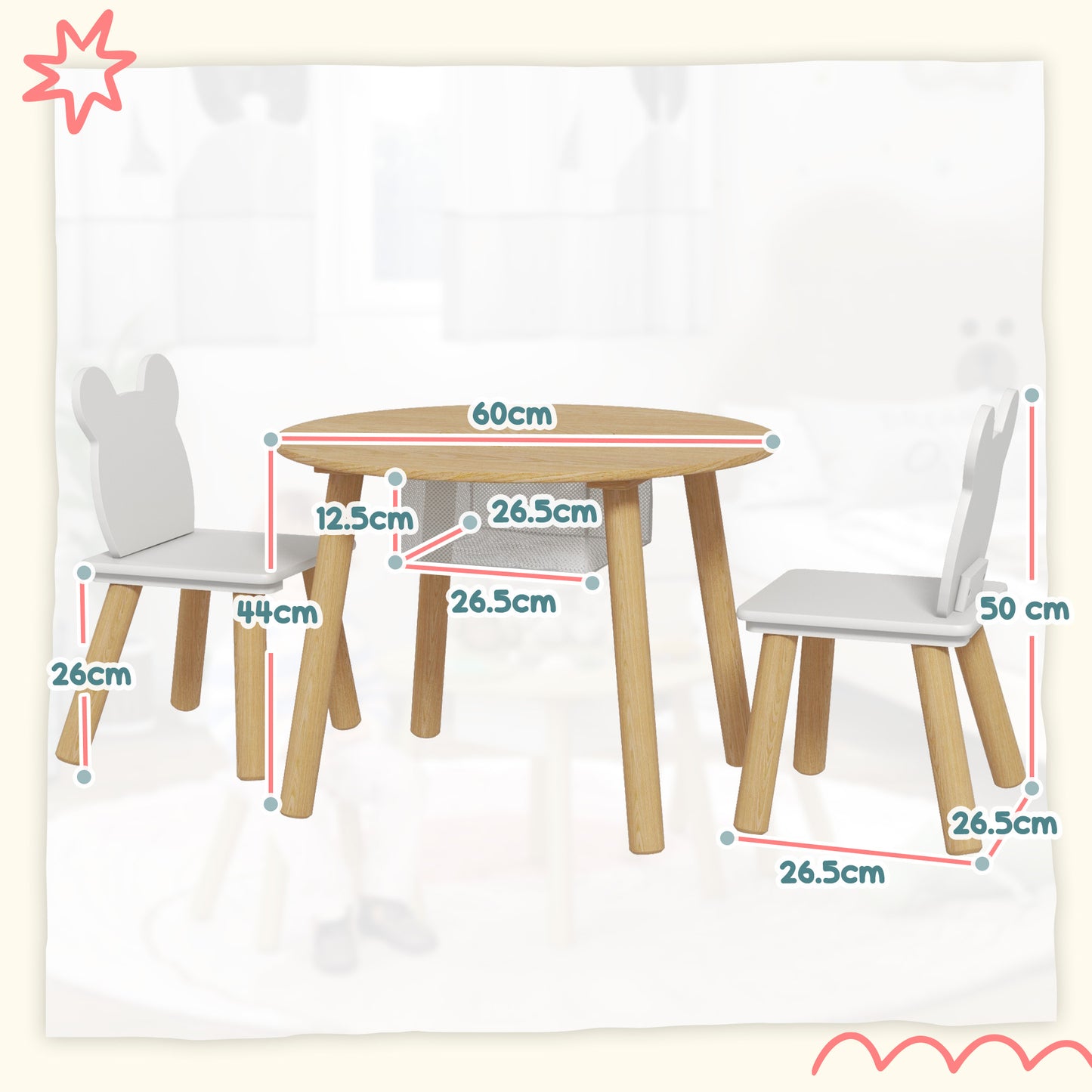 AIYAPLAY 3 Piece Kids Activity Table Set With Mesh Bag Bear Shaped Backrest For Arts And Crafts Reading And Dining