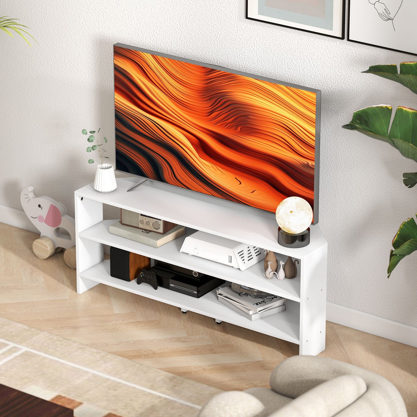 HOMCOM Corner TV Stand For 47 Inch TV With Two Open Shelves White Finish For Modern Living Room
