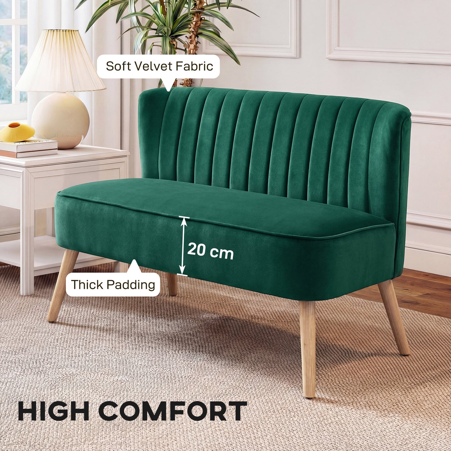HOMCOM 46 Inch Upholstered Loveseat Sofa 2 Seat With Thick Padded Cushions And Rubber Wood Legs Dark Green