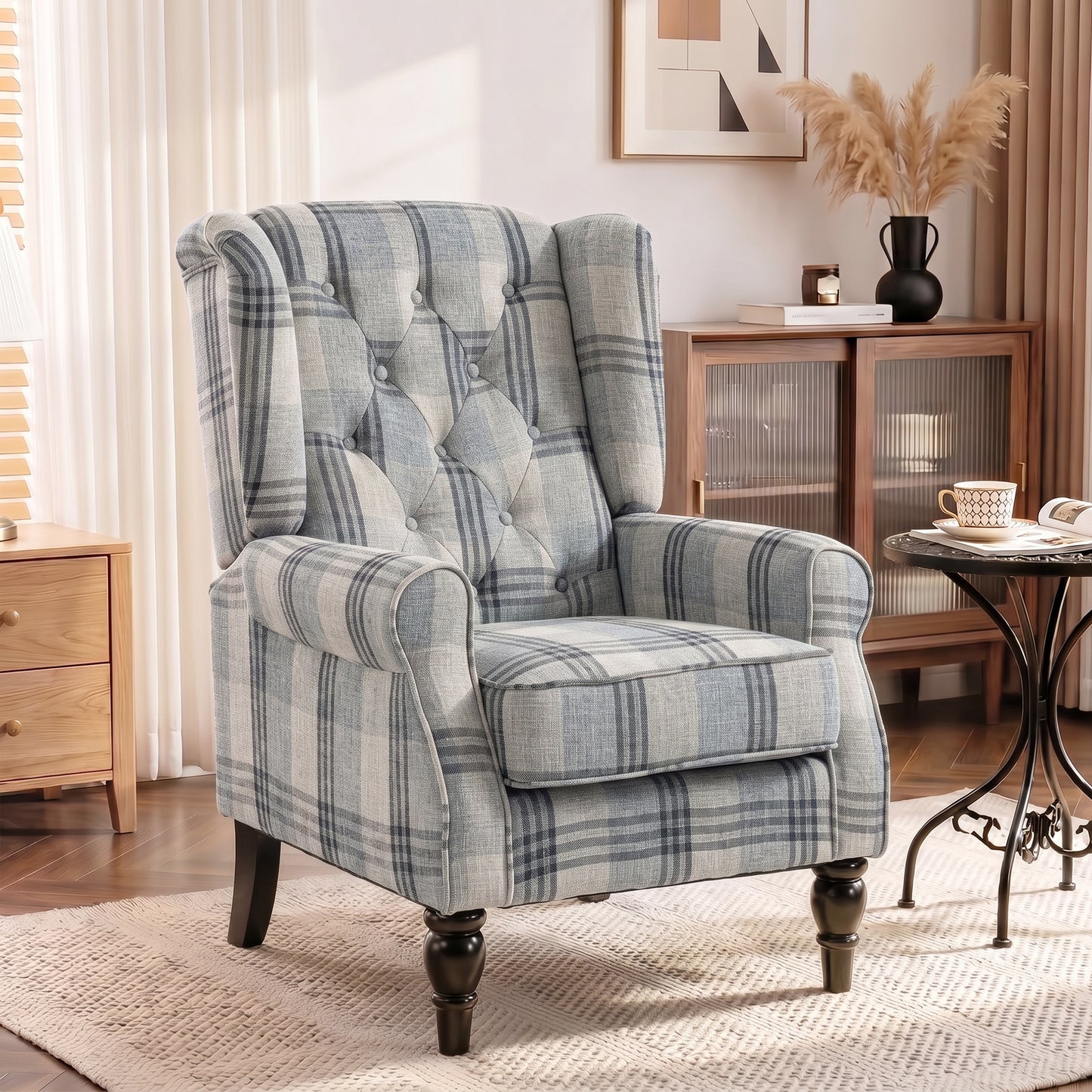 Homcom Plaid Wingback Accent Chair With Tufted High Back And Wood Legs