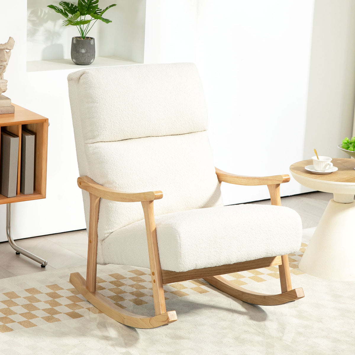 Cream teddy-fleece nursing rocking chair with high back, arms, and curved wooden base