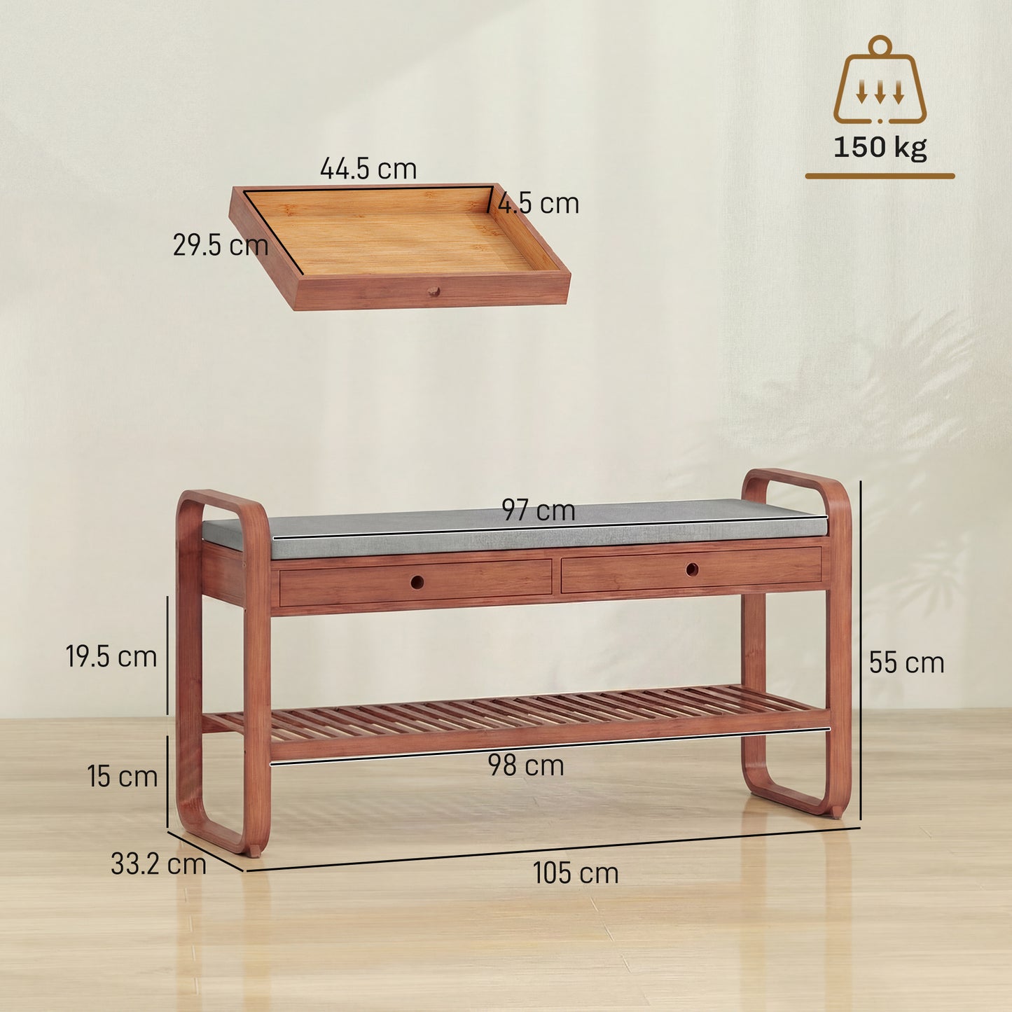 HOMCOM Shoe Bench With 2 Drawers Cushioned Seat Hallway Storage 105 cm Dark Brown And Grey