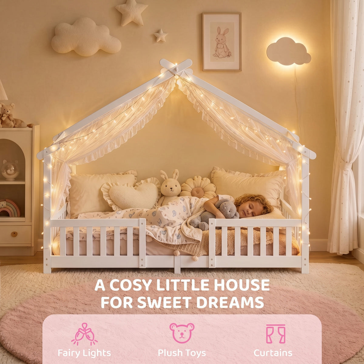 AIYAPLAY Solid Pine Wooden House Bed Frame for Kids with Dual Guardrails White