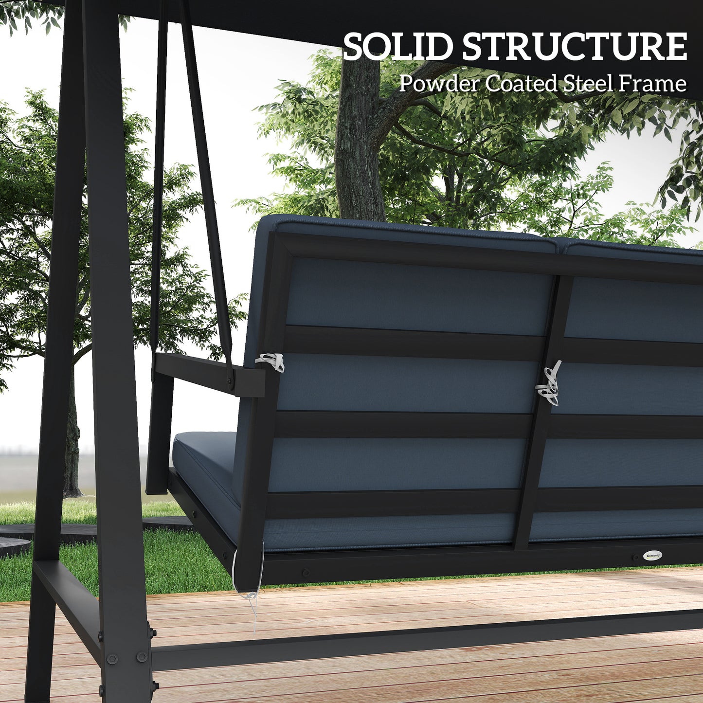 Outsunny Three Seat Garden Swing Chair with Adjustable Canopy Dark Gray Outdoor Patio Cushioned Bench for Three People