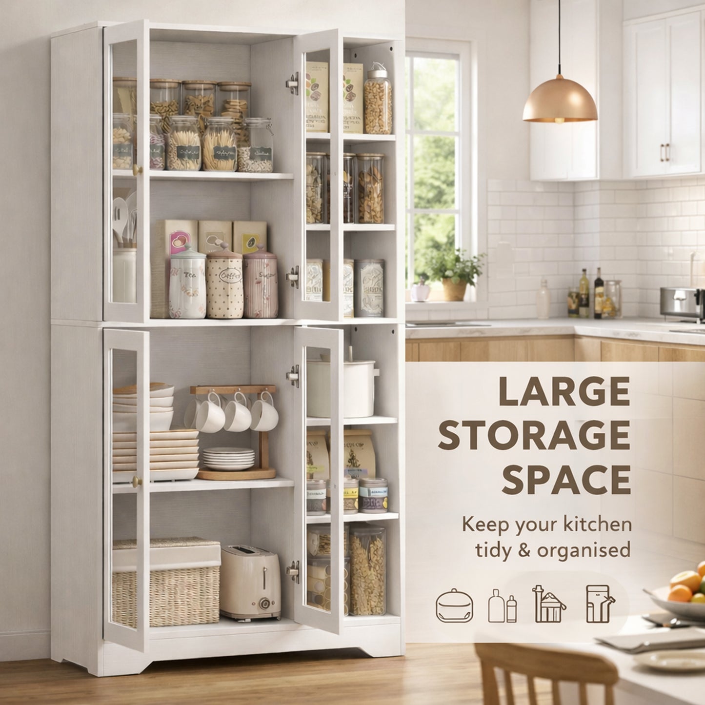 HOMCOM Glass Door Kitchen Cabinet With Multi Storage White Wood Effect For Living Room Display And Storage