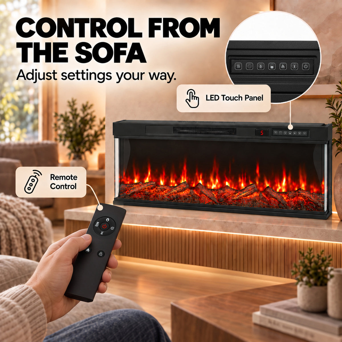 Freestanding electric fireplace with three-sided glass and remote control, glowing flames