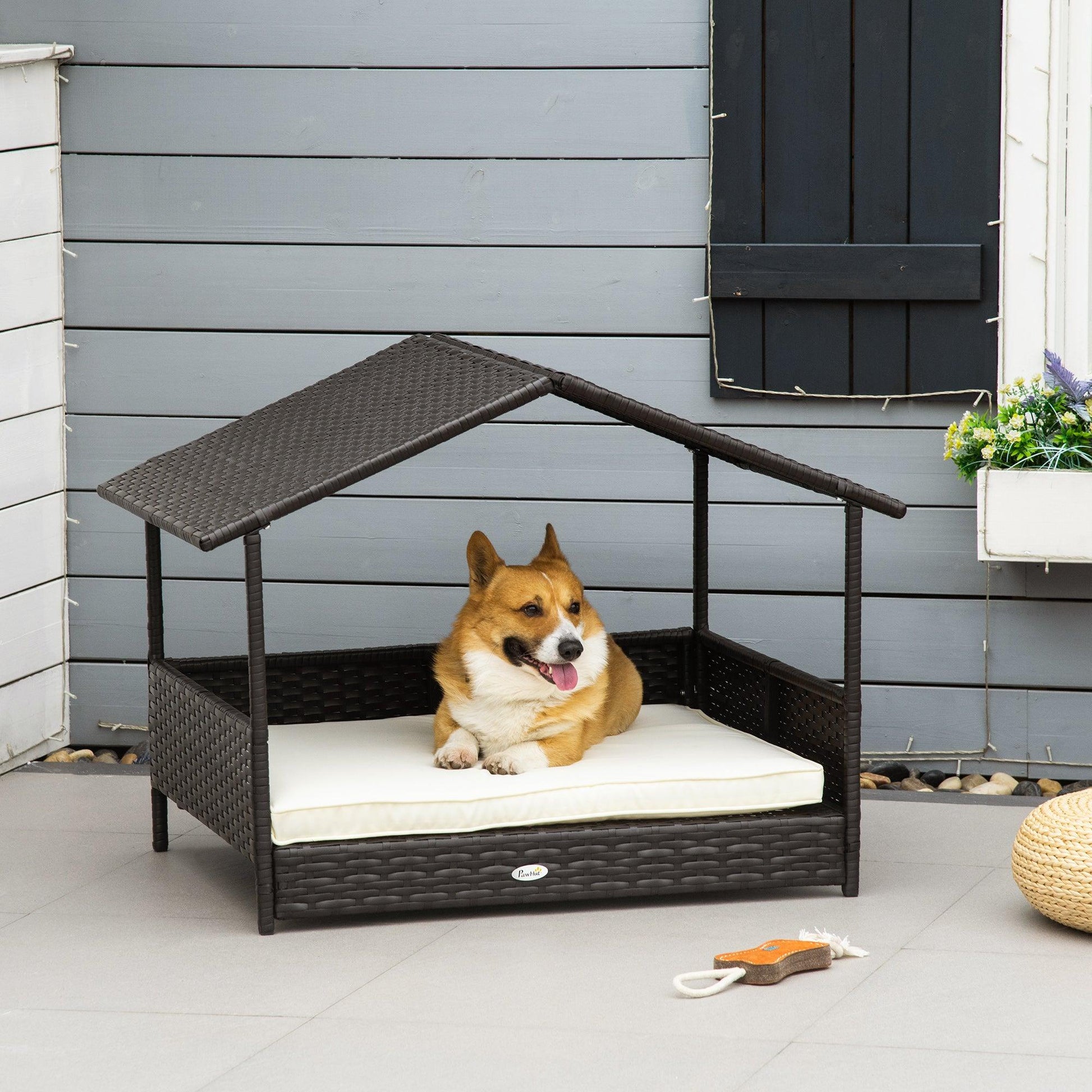 PawHut Cream Wicker Dog House with Removable Cushion and Canopy - ALL4U RETAILER LTD