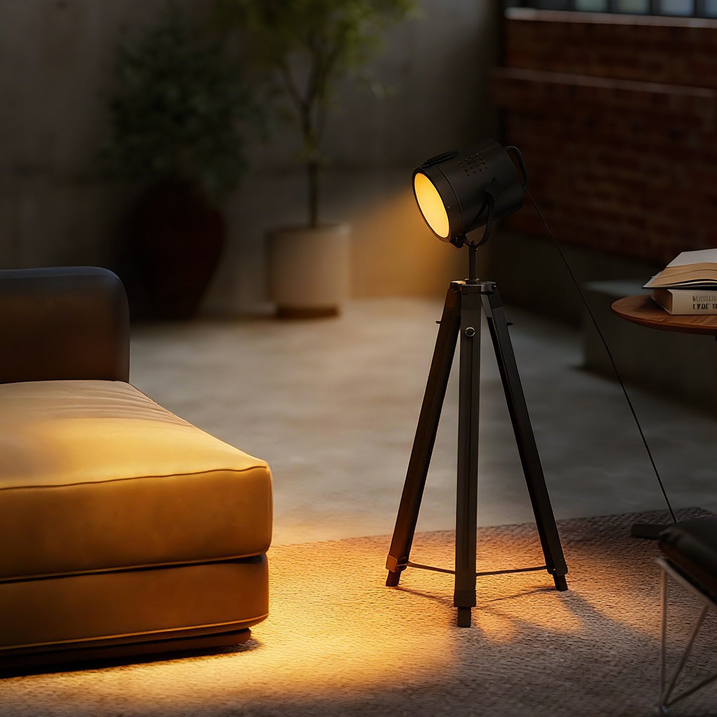 HOMCOM Industrial Tripod Floor Lamp Nautical Searchlight With Adjustable Height Wood Legs E14 Lamp Base Black
