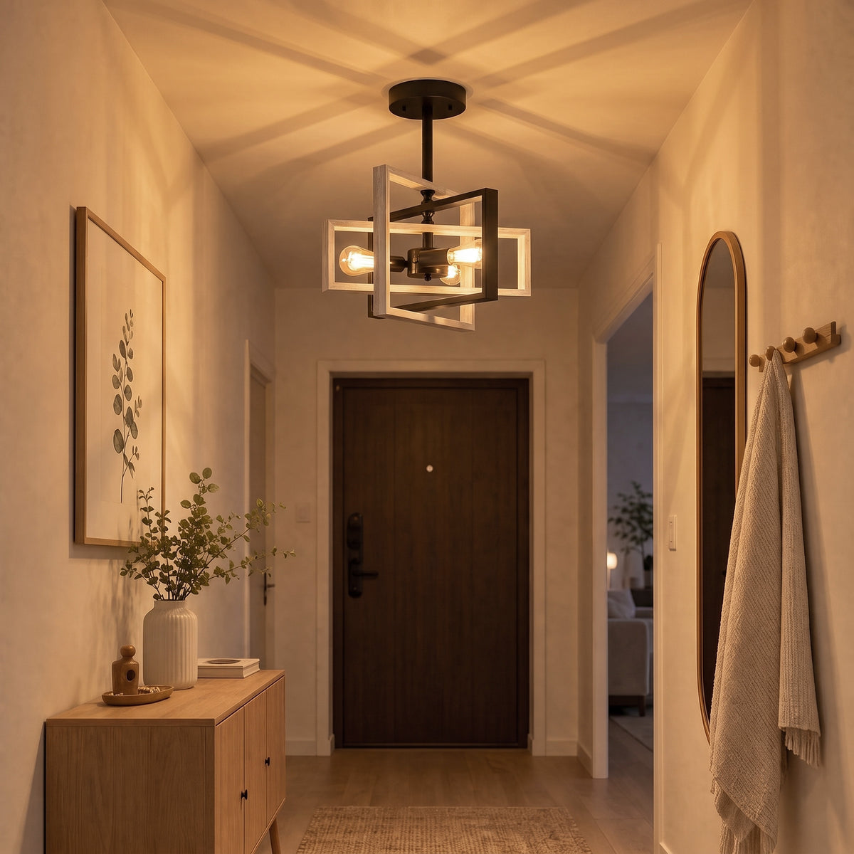 Industrial ceiling light with black canopy and pine-wood geometric cage, warm-lit bulbs