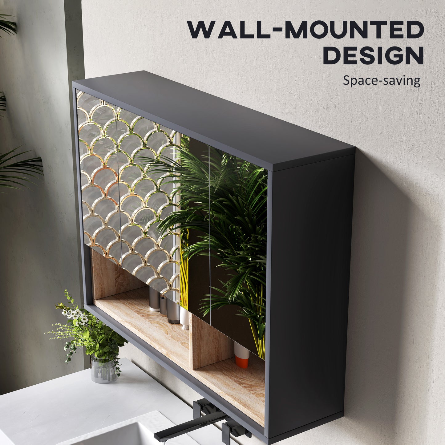HOMCOM Wall Mounted Bathroom Mirror Cabinet With 3 Doors And Cupboards In Grey Modern Bathroom Storage Organizer
