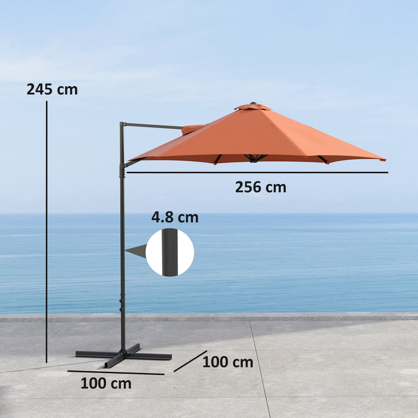 Outsunny 2.5m Rotating Cantilever Parasol With Base Orange 256 cm Canopy And 360 Degree Rotation
