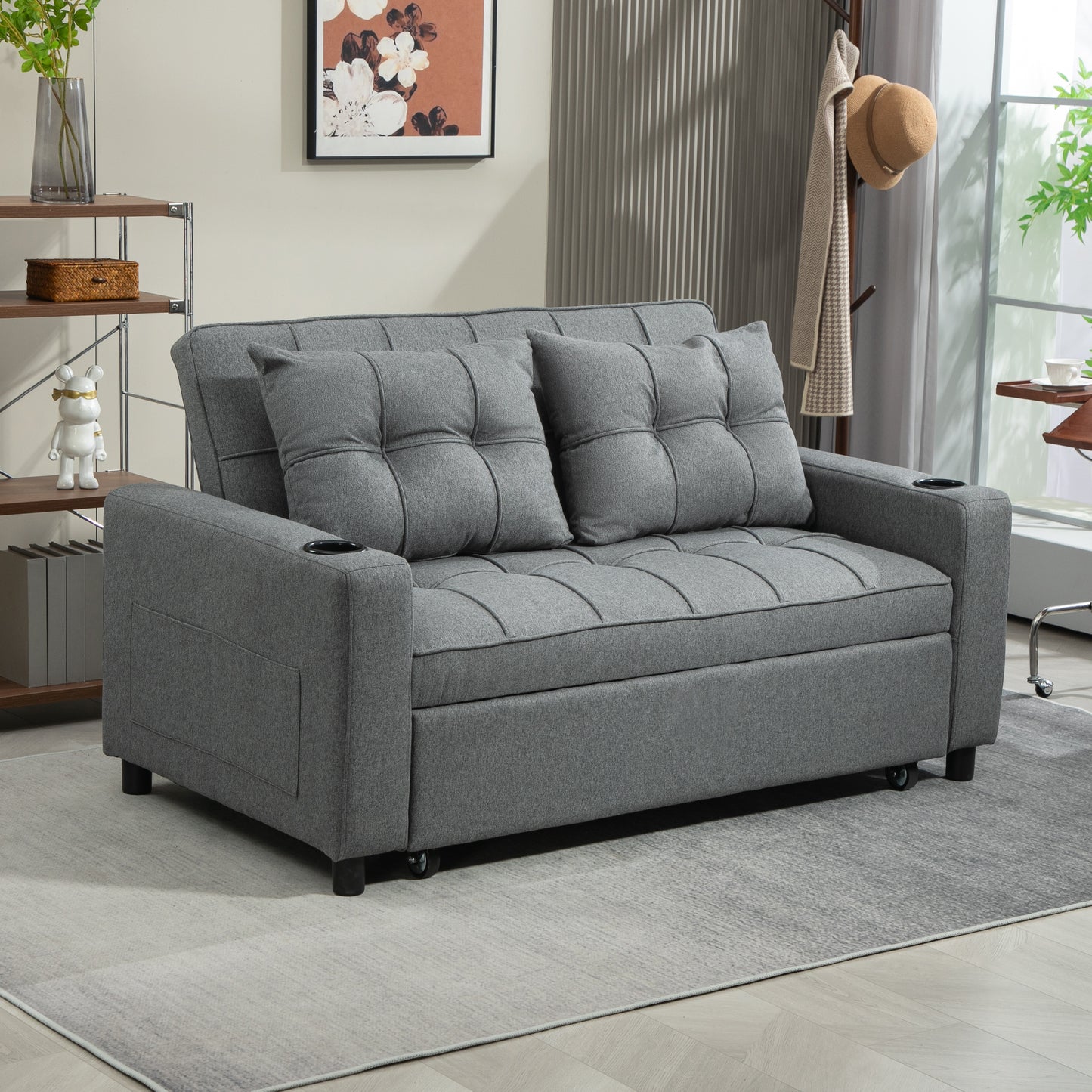 HOMCOM Two Seater Pull Out Sofa Bed Charcoal Grey Adjustable Back Linen Look Upholstery