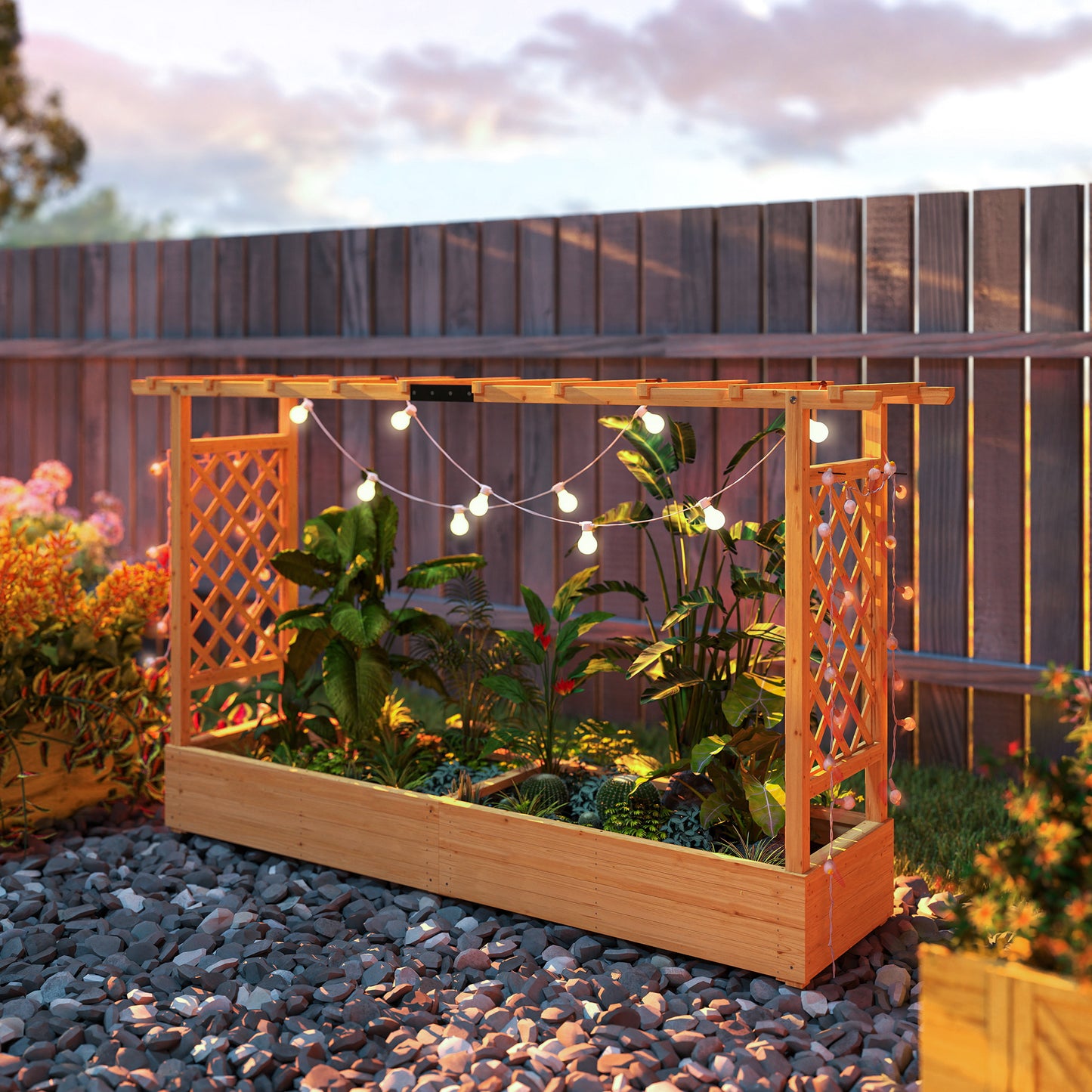 Outsunny Fir Wood Raised Planter With Trellis And Roof Drainage Holes Outdoor Garden Bed 175 X 39 Cm Planter Box