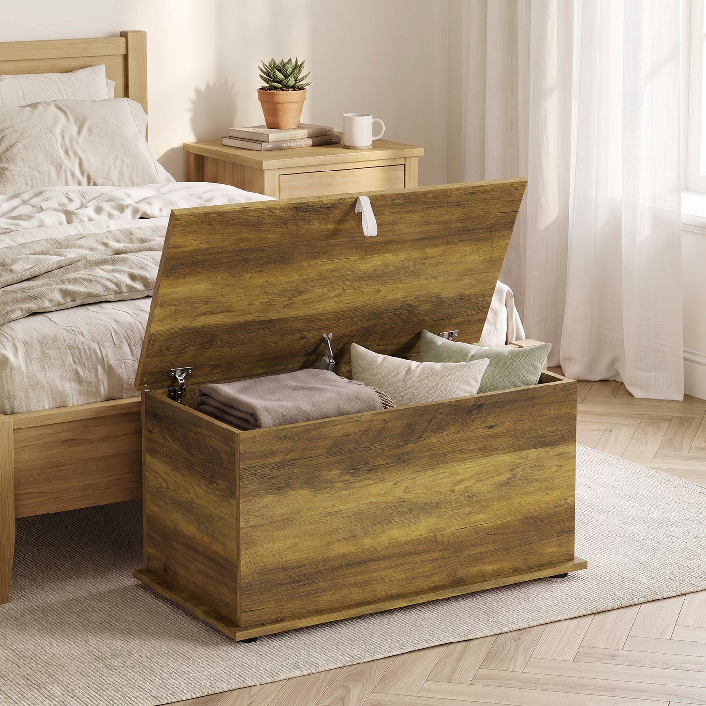 HOMCOM Storage Chest 102L Blanket Box Shoe Bench With Safety Hinged Lid Bed End Bench 80x40x45cm Brown