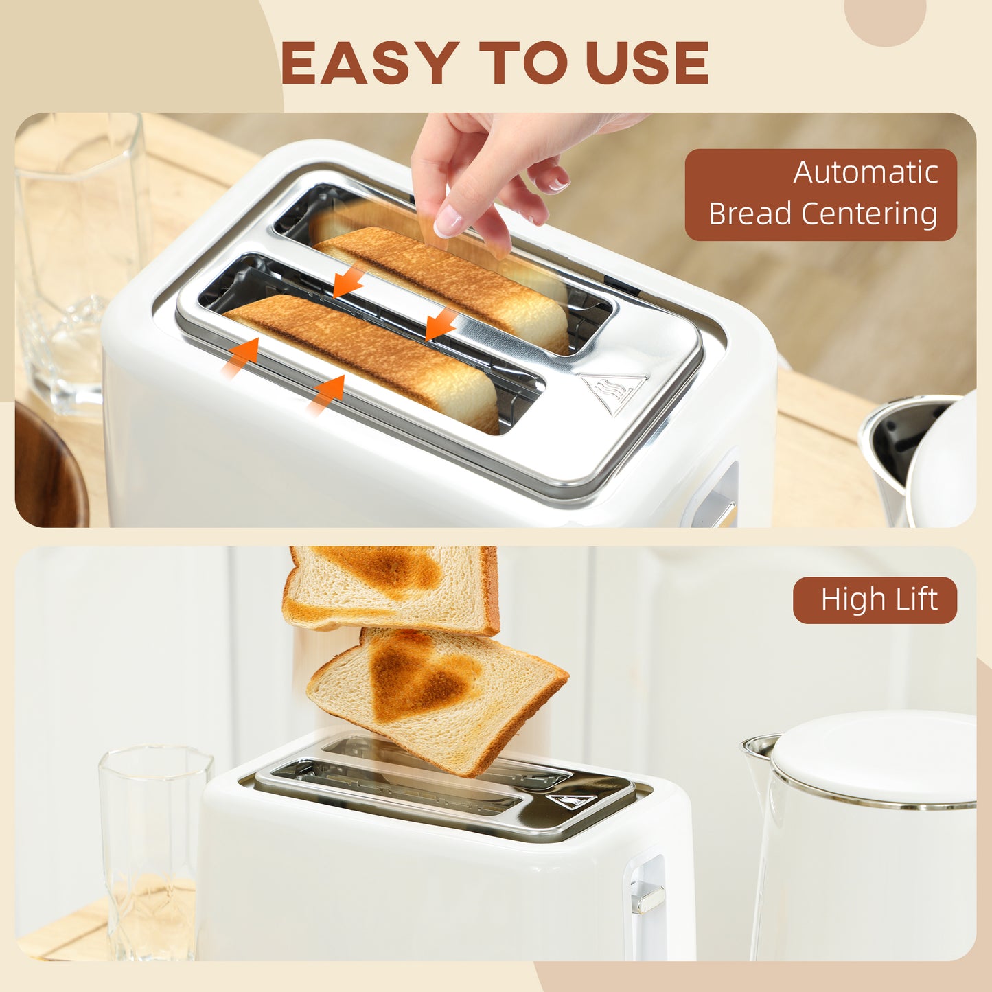 HOMCOM Polished Stainless Steel Kettle and Toaster Set in White 3000W Kettle and 2 Slice Toaster