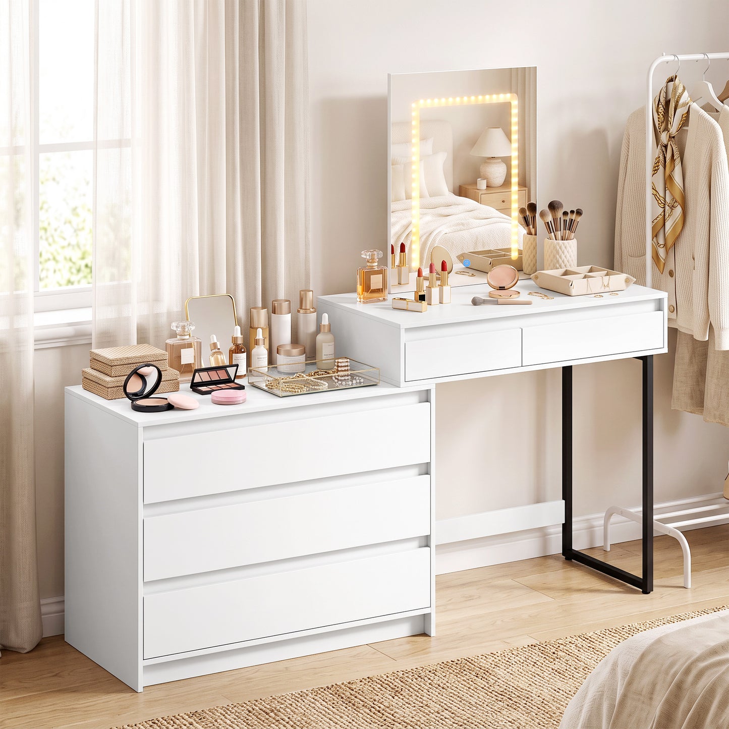 HOMCOM White Vanity Makeup Desk With Three Colour LED Mirror And Five Drawers