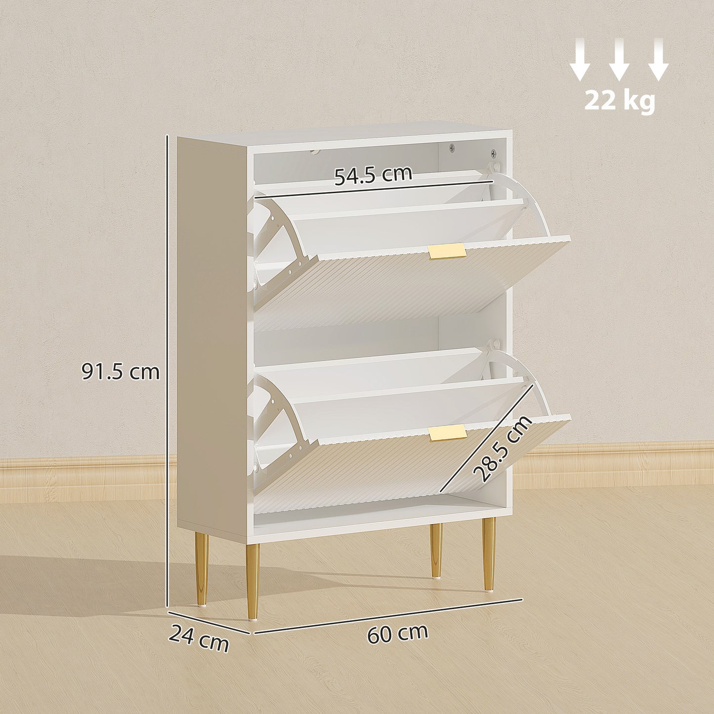 HOMCOM Elegant Two Drawer White Shoe Cabinet With Ridged Doors And Gold Accents Adjustable Shelves For 6 To 12 Pairs